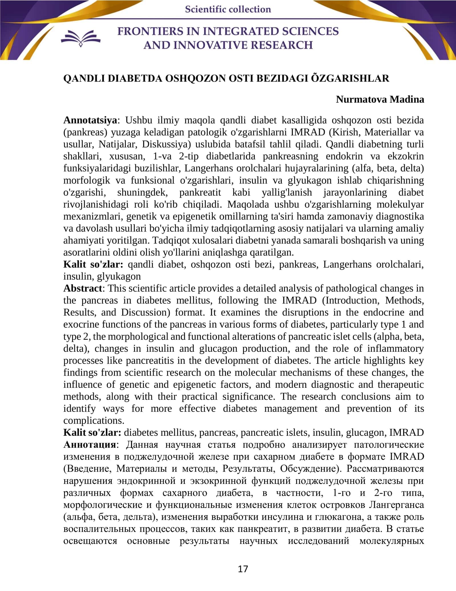 QANDLI DIABETDA OSHQOZON OSTI BEZIDAGI ÕZGARISHLAR 1