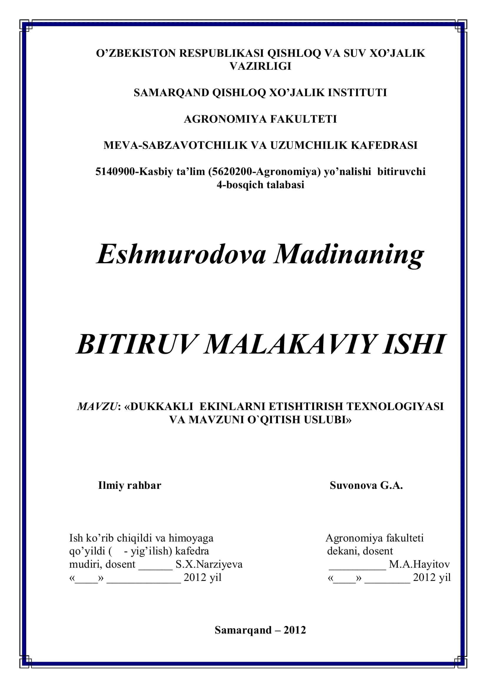 DUQQAKLI EKINLARNI ETISHTIRISH TEXNOLOGIYASI VA MAVZUNI O`QITISH USLUBI 1
