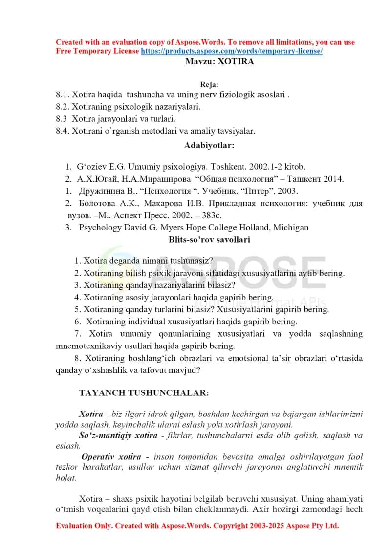 Xotira haqida tushuncha va uning nerv fiziologik asoslari 1
