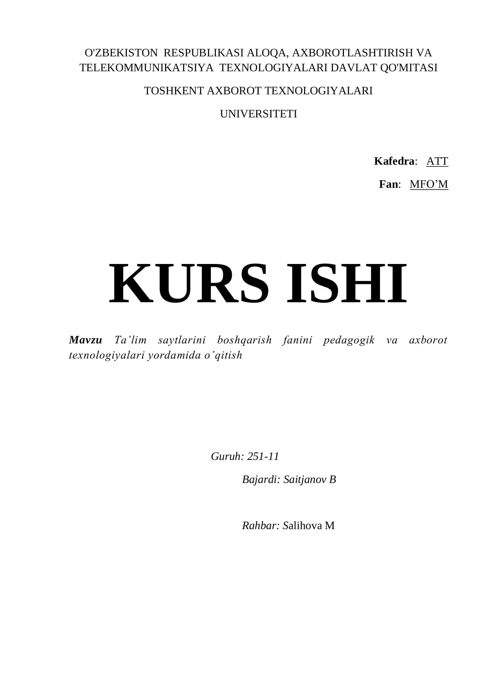 Ta’lim saytlarini boshqarish fanini pedagogik va axborot texnologiyalari yordamida o’qitish 1