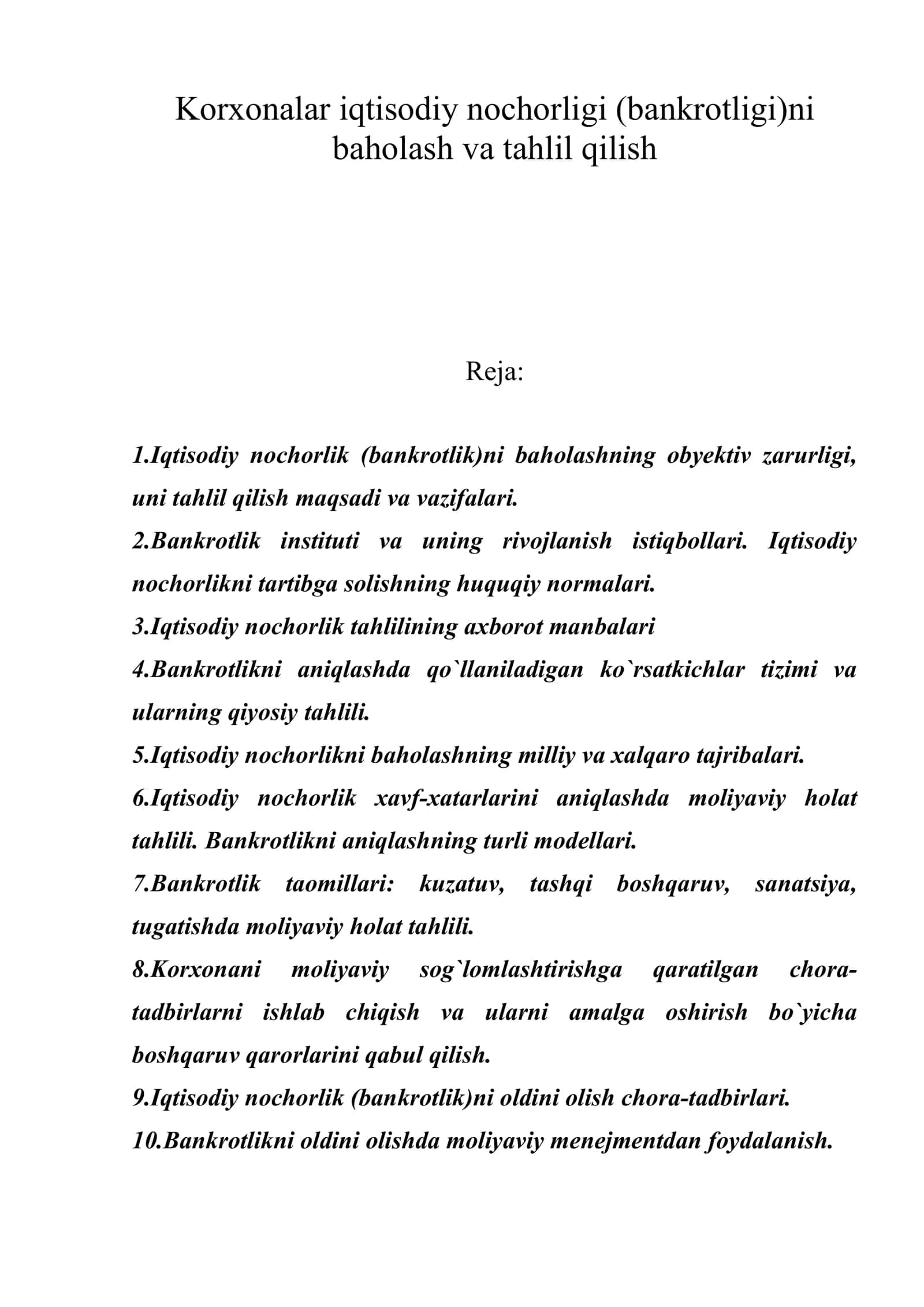 Korxonalar iqtisodiy nochorligi (bankrotligi)ni baholash va tahlil qilish 1