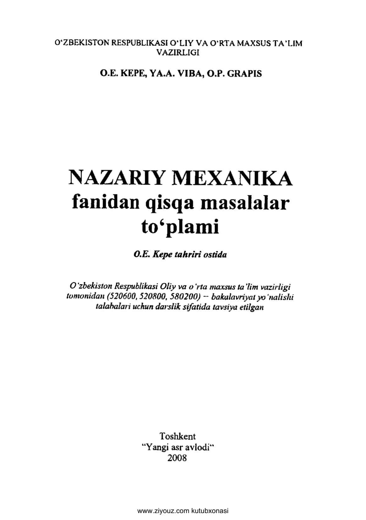 NAZARIY МЕХАNIKA fanidan qisqa masalalar to‘plami 1