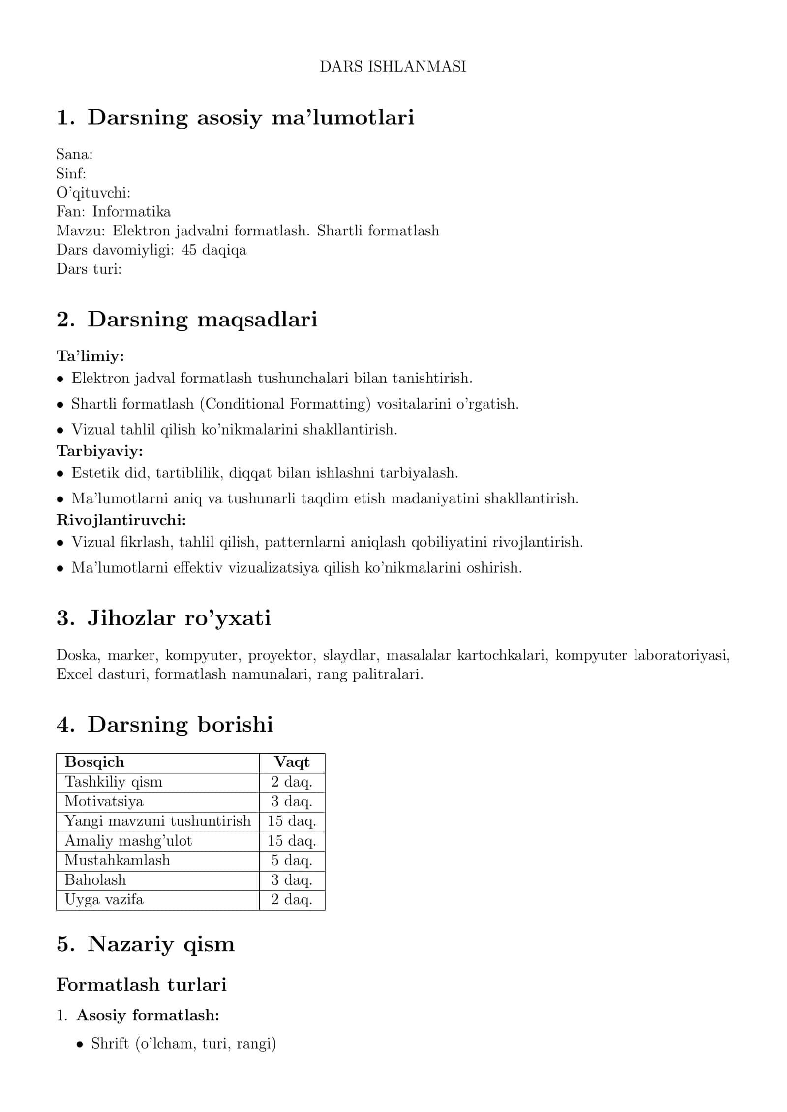 Elektron jadvalni formatlash. Shartli formatlash 1