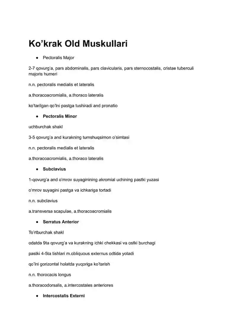 Anatomiya: Ko'krak Old Muskullari (notes)