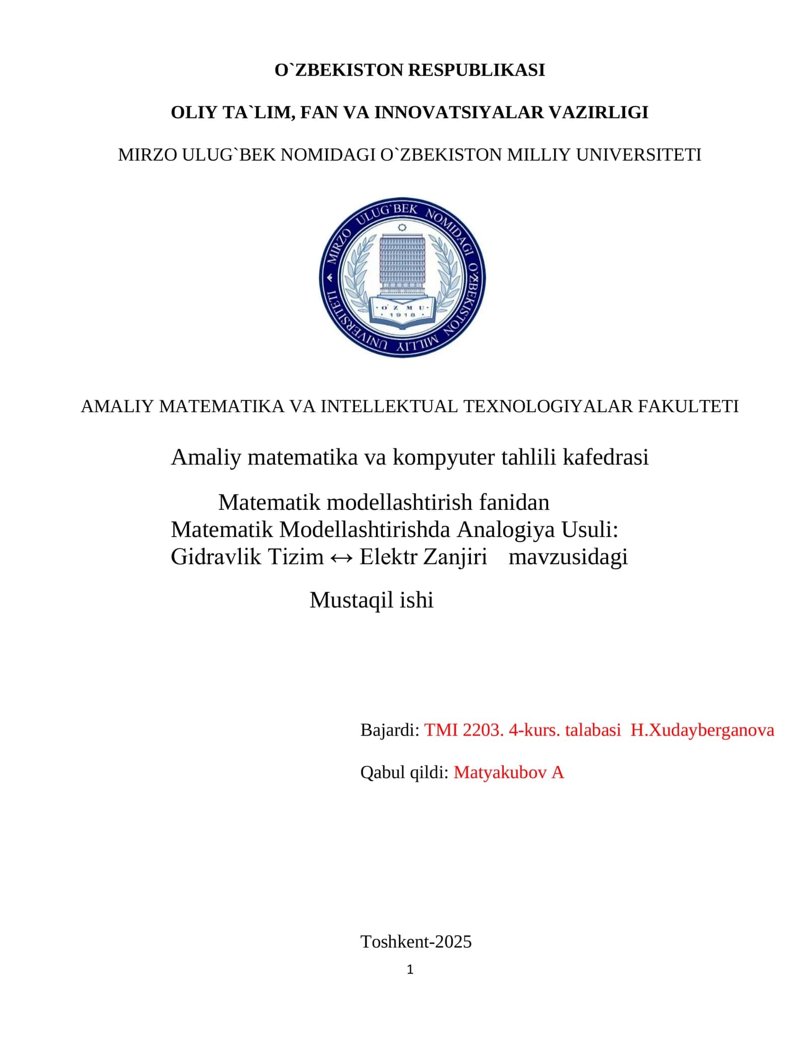Matematik Modellashtirishda Analogiya Usuli: Gidravlik Tizim ↔ Elektr Zanjiri 1