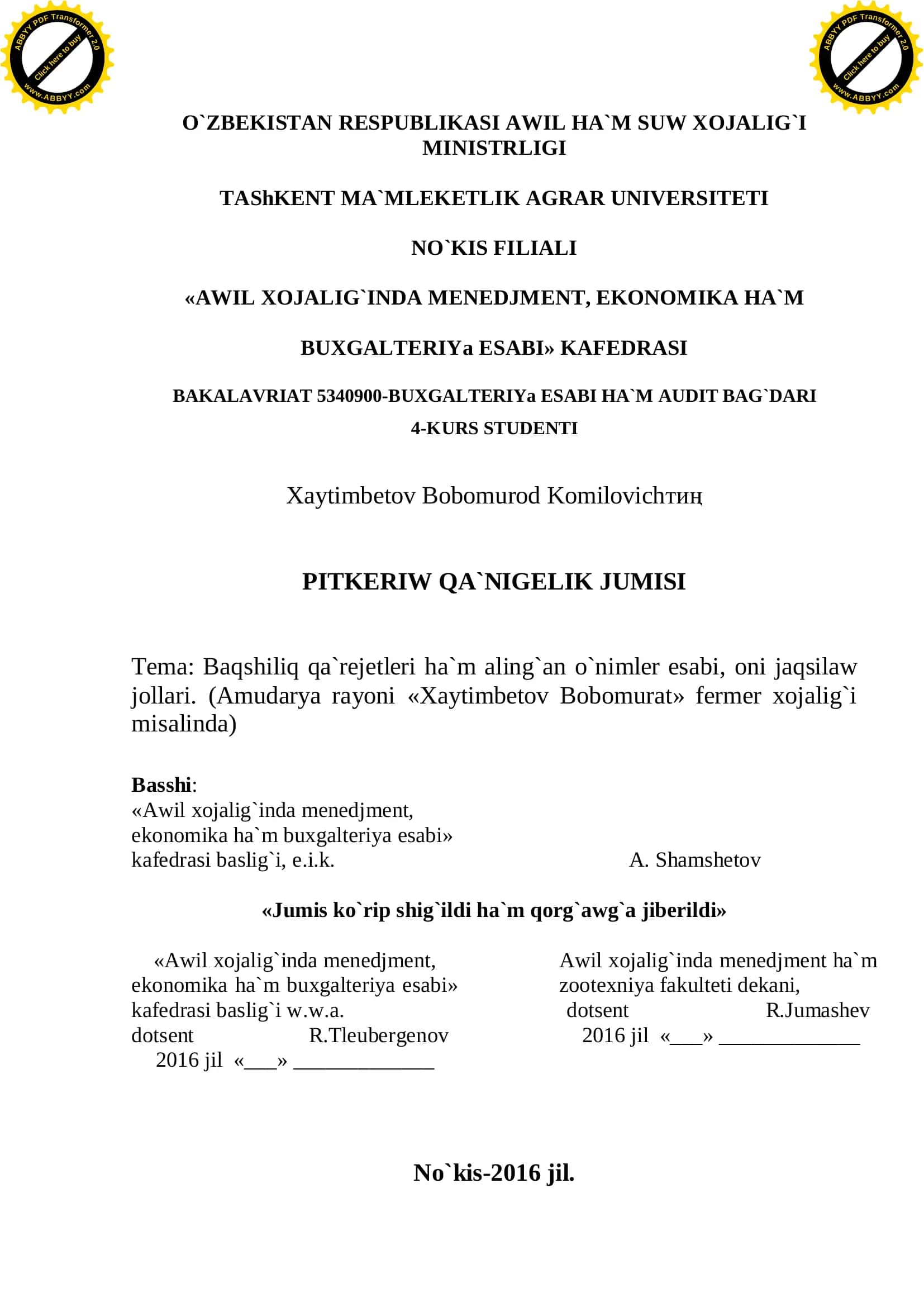 Baqshiliq qa`rejetleri ha`m aling`an o`nimler esabi 1