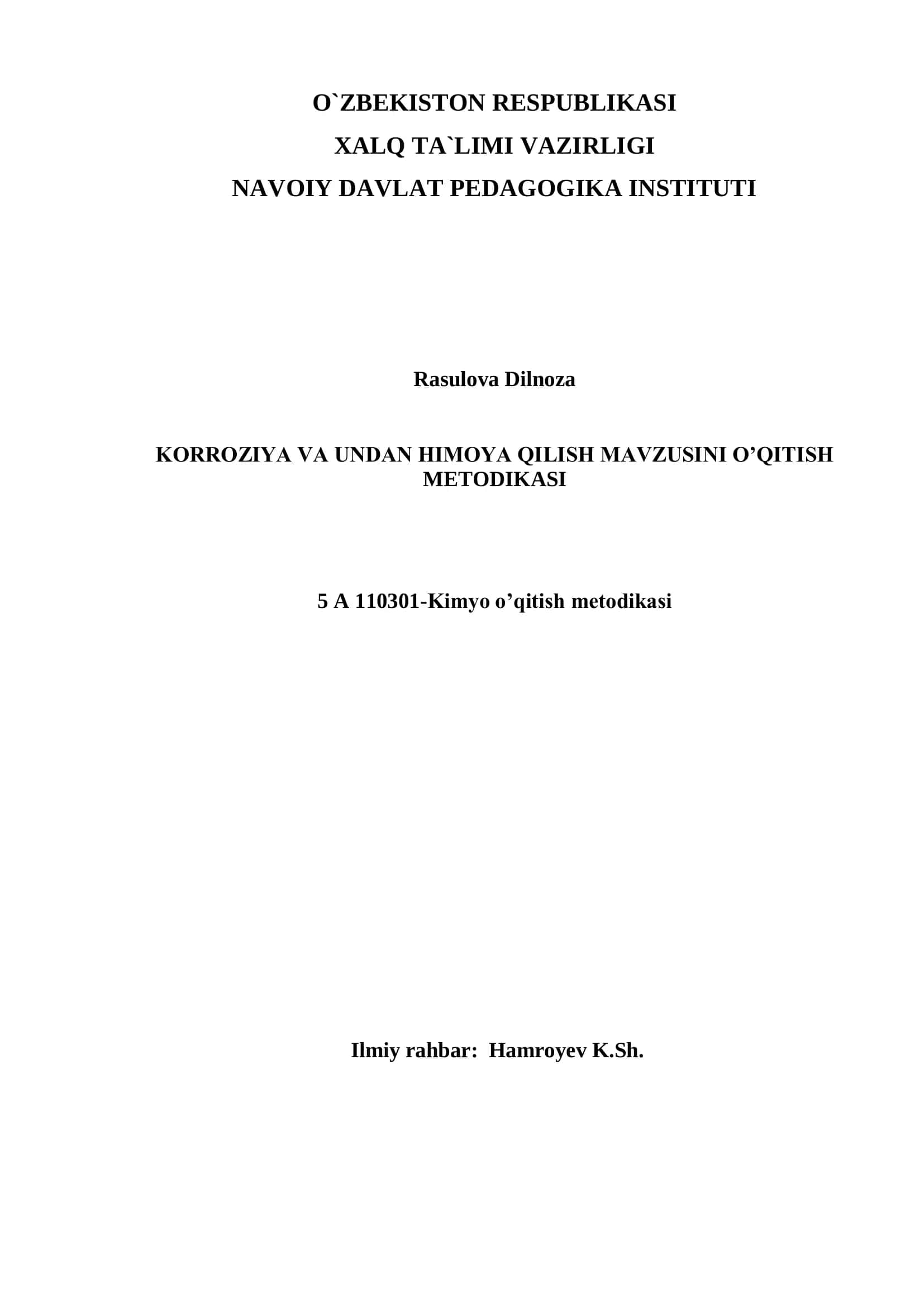 KORROZIYA VA UNDAN HIMOYA QILISH MAVZUSINI O’QITISH METODIKASI 1