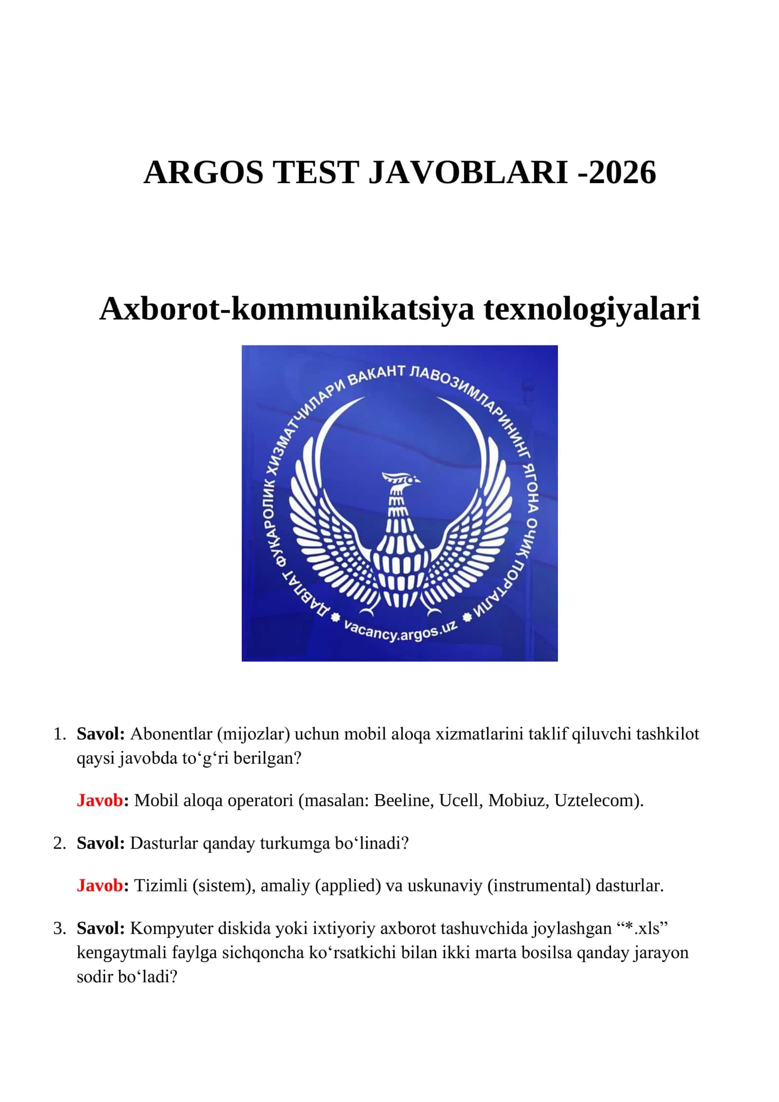 Argos test javoblari 2026-yil yangi | Axborot-kommunikatsiya texnologiyalari 1