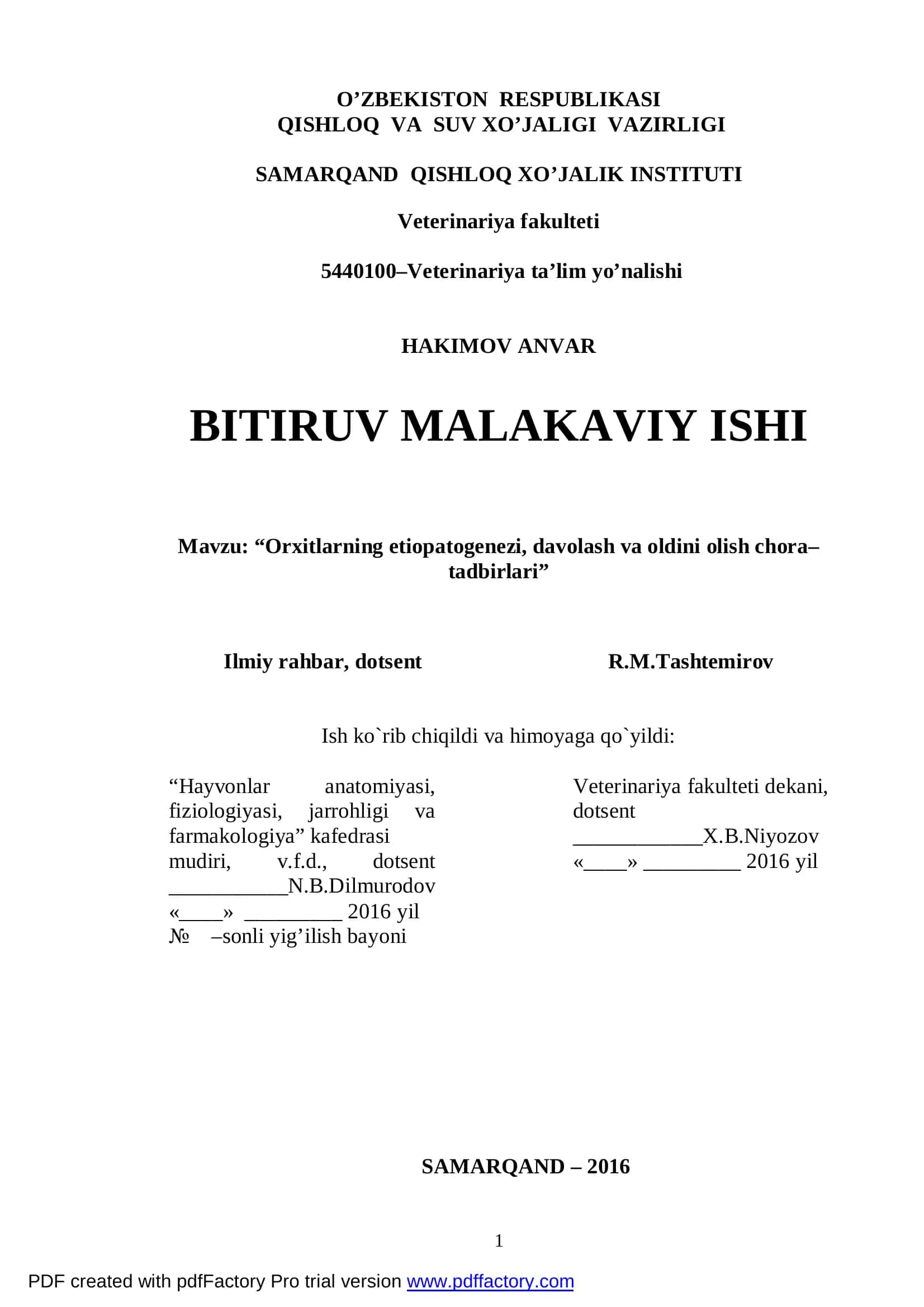 Orxitlarning etiopatogenezi, davolash va oldini olish chora–tadbirlari 1