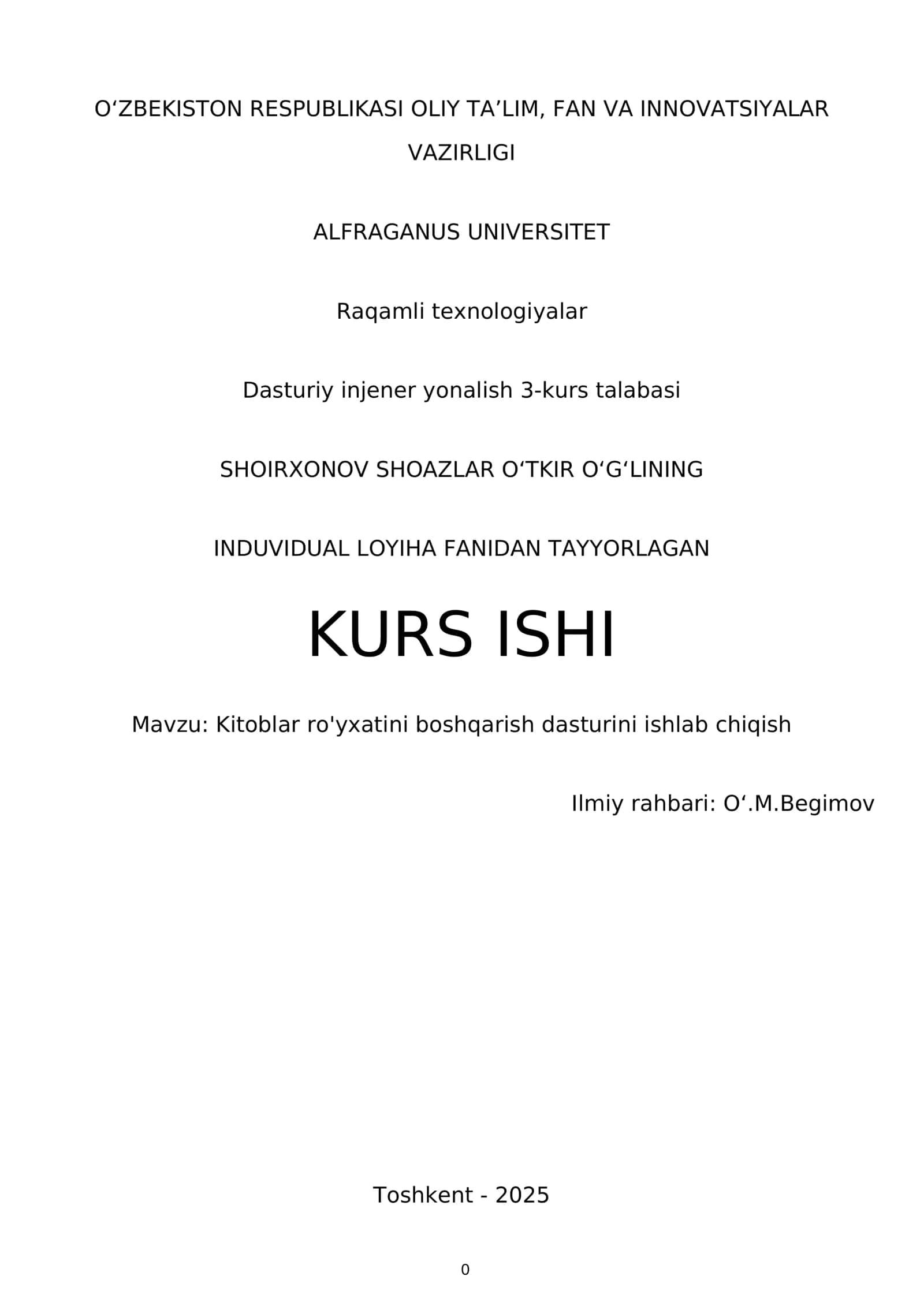 Kitoblar ro'yxatini boshqarish dasturini ishlab chiqish 1