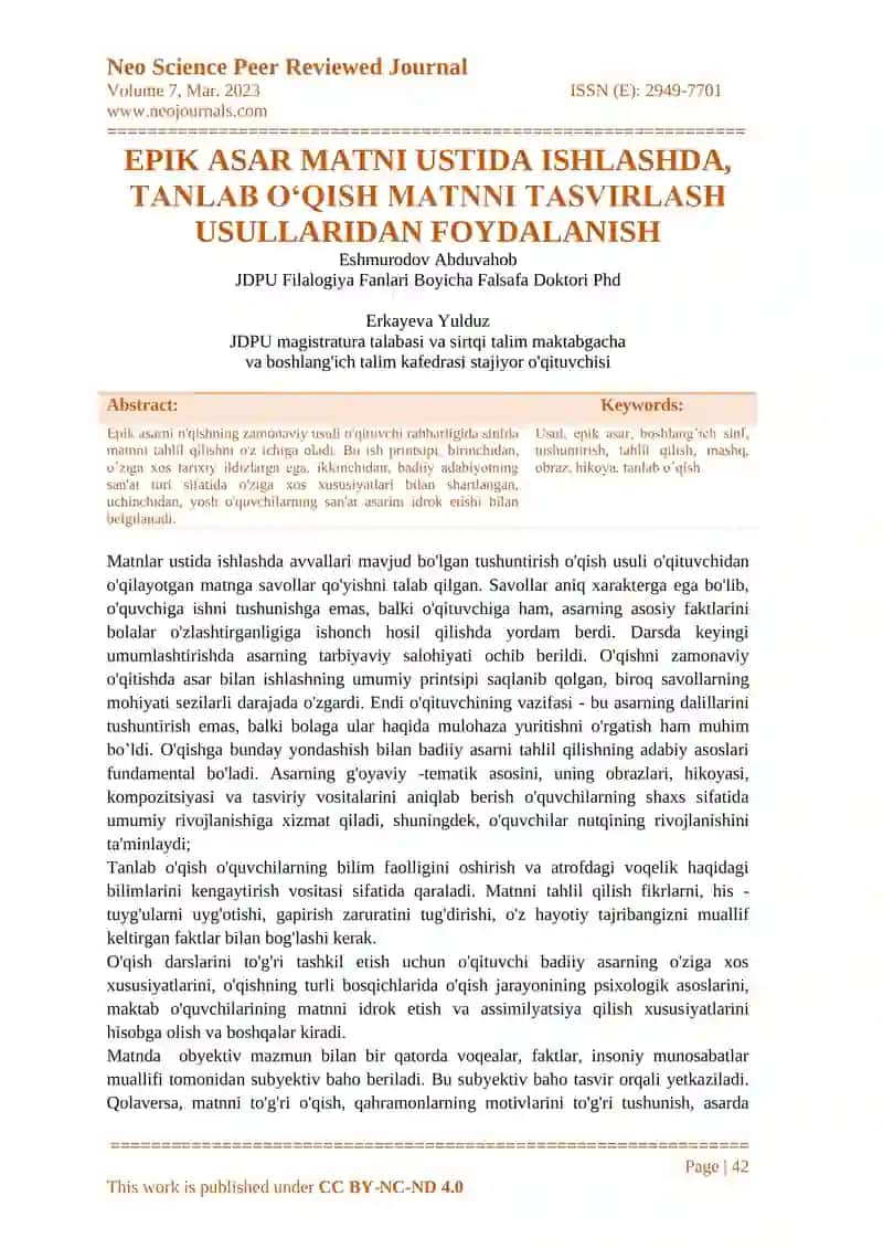 EPIK ASAR MATNI USTIDA ISHLASHDA, TANLAB O‘QISH MATNNI TASVIRLASH USULLARIDAN FOYDALANISH
