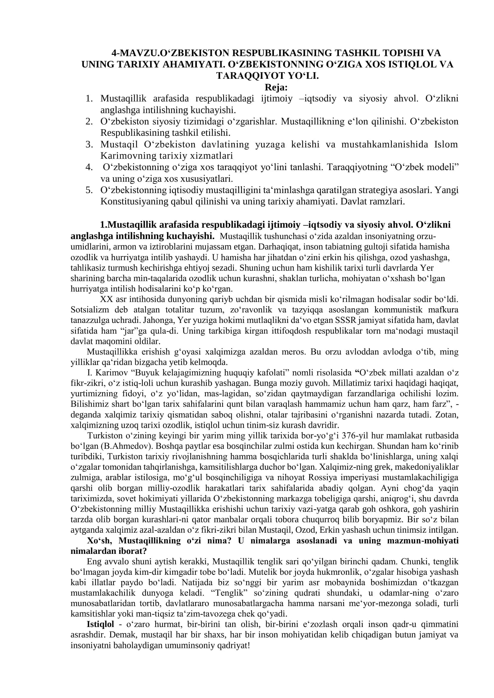 O‘zbekiston Respublikasining Tashkil Topishi va Uning Tarixiy Ahamiyati 1