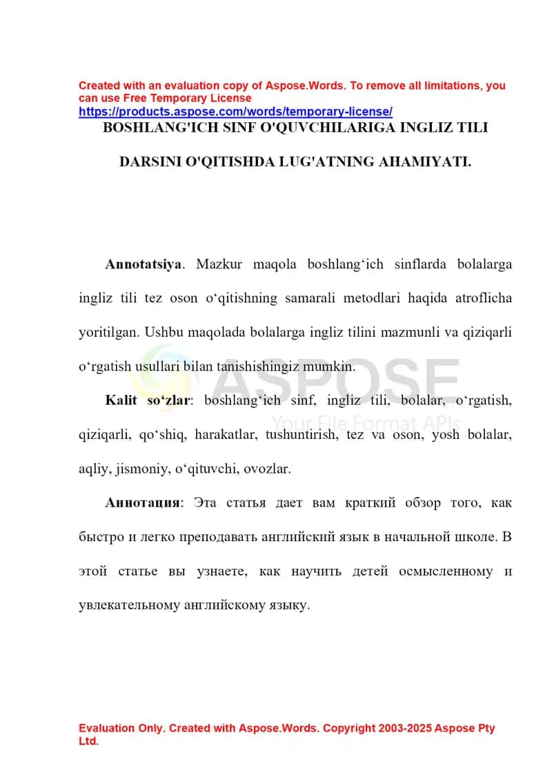 Boshlang‘ich sinf o‘quvchilariga ingliz tili darsini o‘qitishda lug‘atning ahamiyati 1