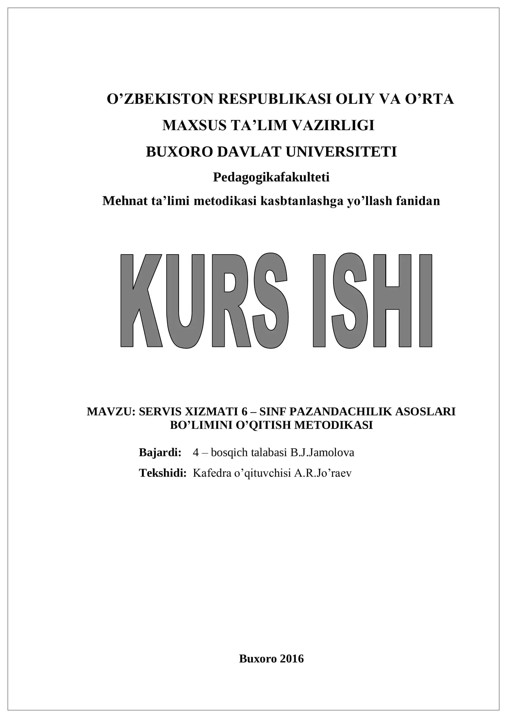 SERVIS XIZMATI 6 – SINF PAZANDACHILIK ASOSLARI 1