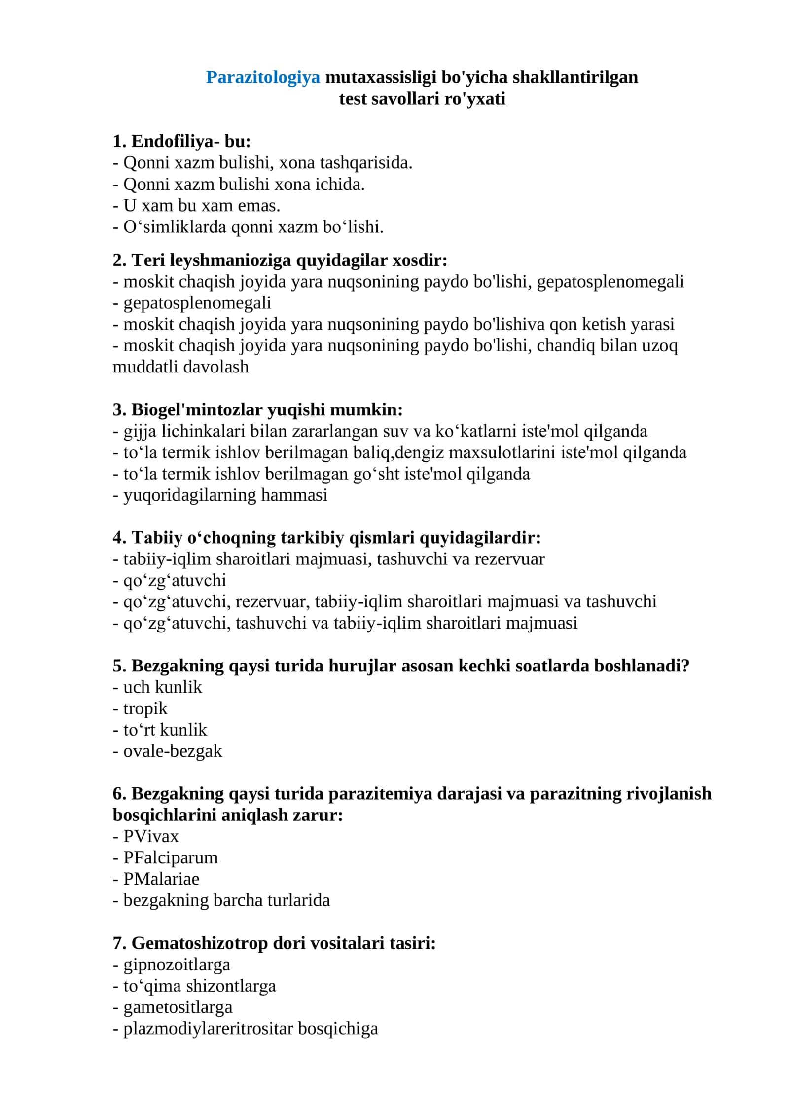 Parazitologiya mutaxassisligi bo'yicha shakllantirilgan test savollari 2026 1