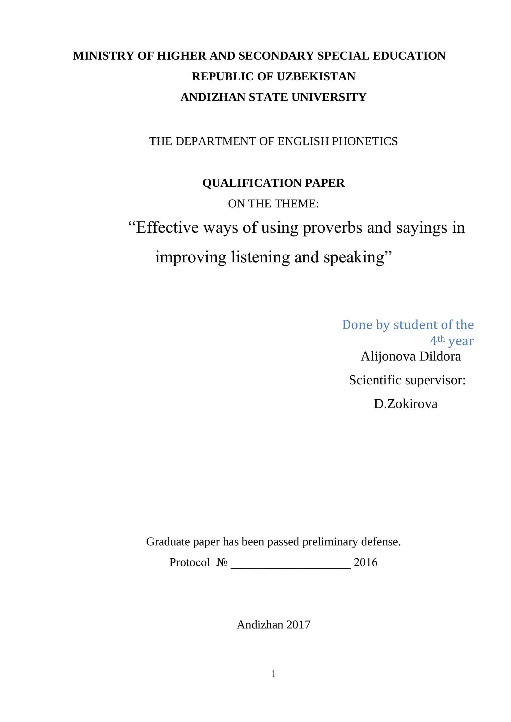 Qualification paper on the theme: “Effective ways of using proverbs and sayings in improving listening and speaking” 1