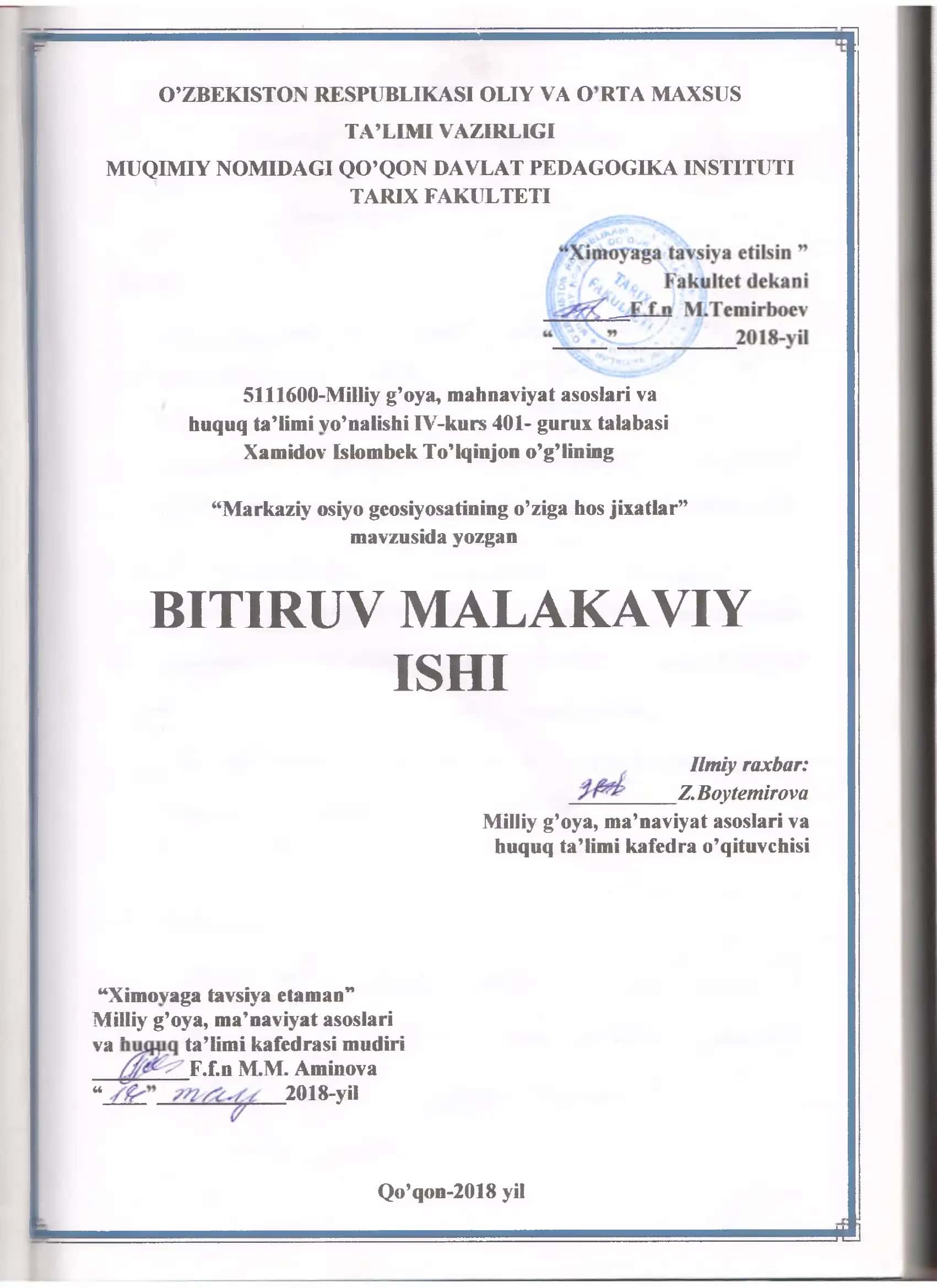 Milliy g’oya, mahnaviyat asoslari va huquq ta’limi vo’nalishi IV-kurs 401- gurux talahasi 1