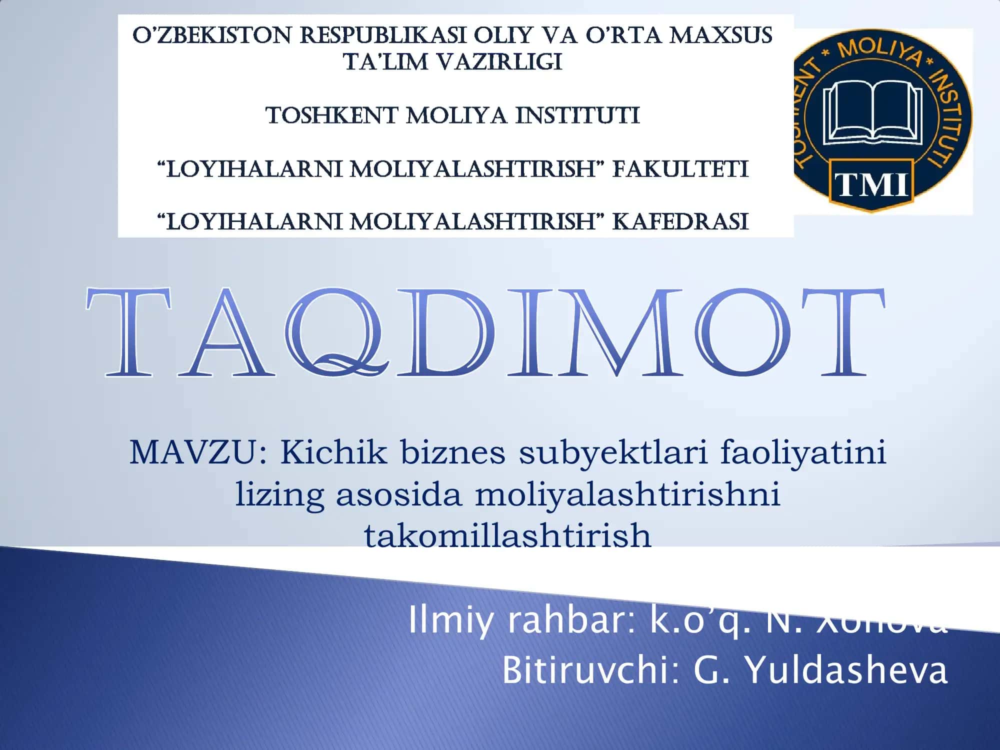 Kichik biznes subyektlari faoliyatini lizing asosida moliyalashtirishni takomillashtirish 1