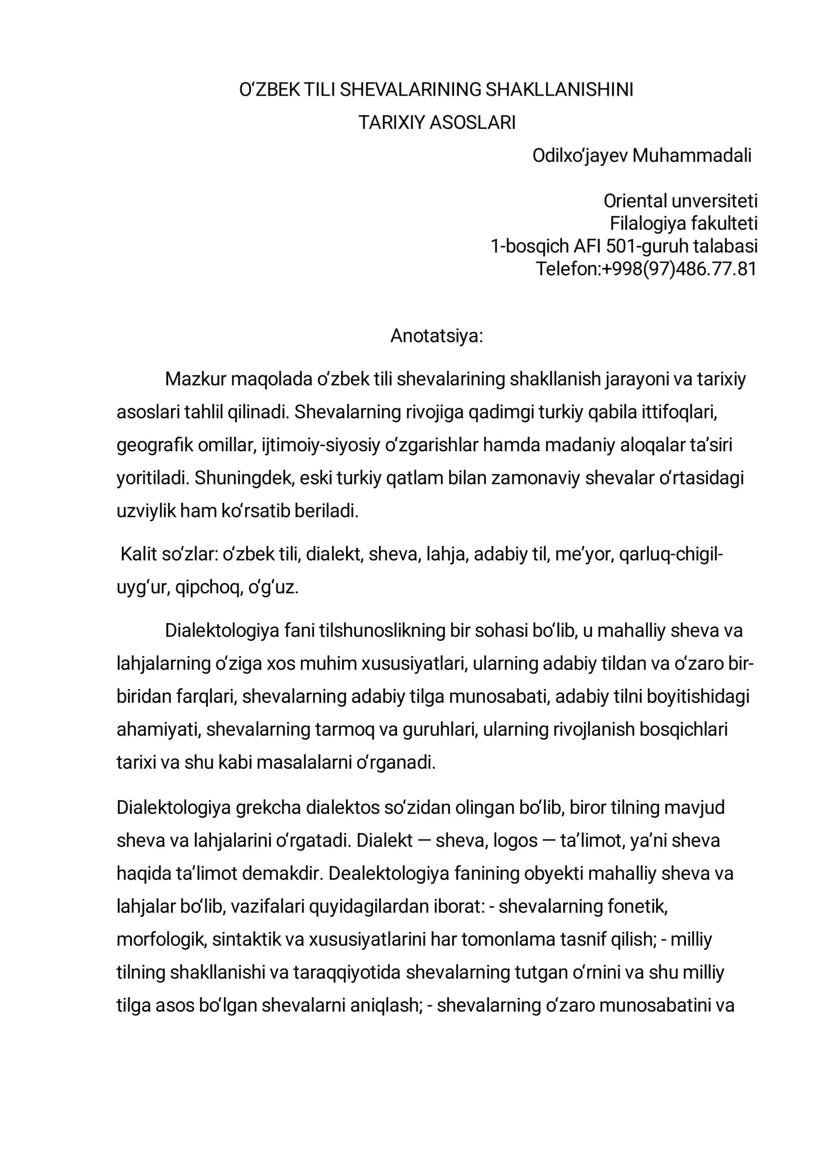 O‘ZBEK TILI SHEVALARINING SHAKLLANISHINI TARIXIY ASOSLARI 1