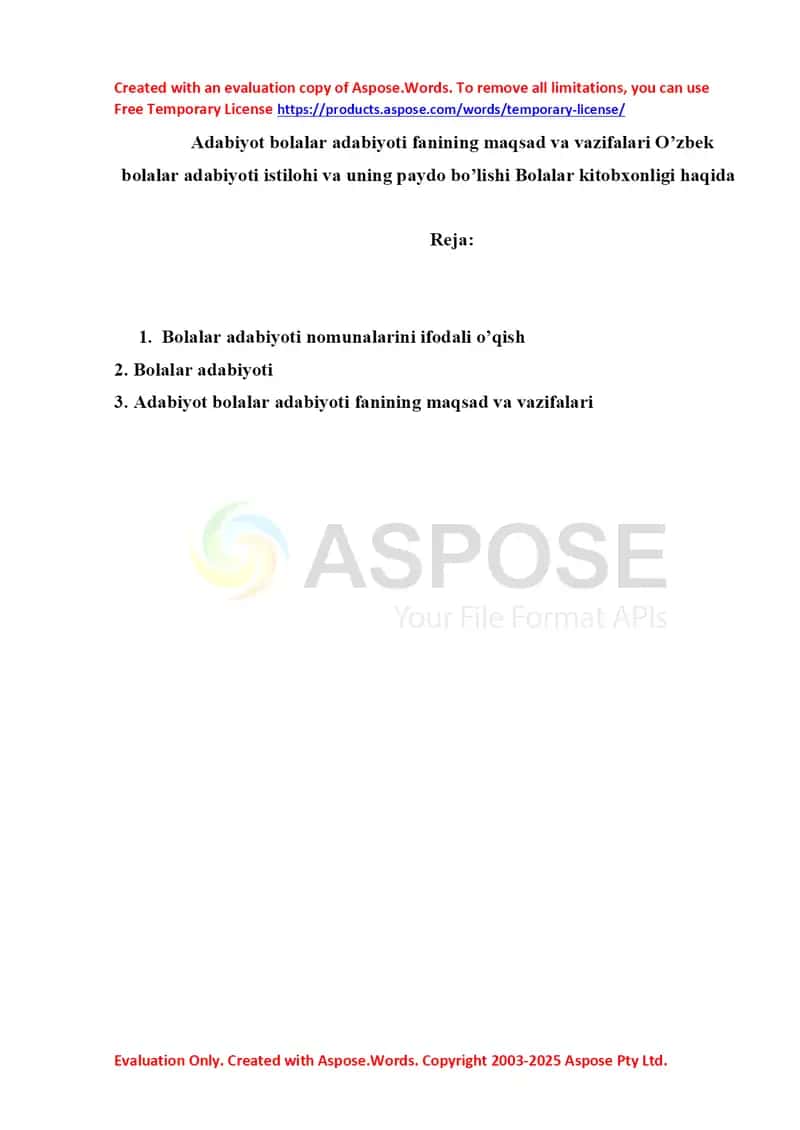 Adabiyot bolalar adabiyoti fanining maqsad va vazifalari O’zbek bolalar adabiyoti istilohi va uning paydo bo’lishi Bolalar kitobxonligi haqida 1