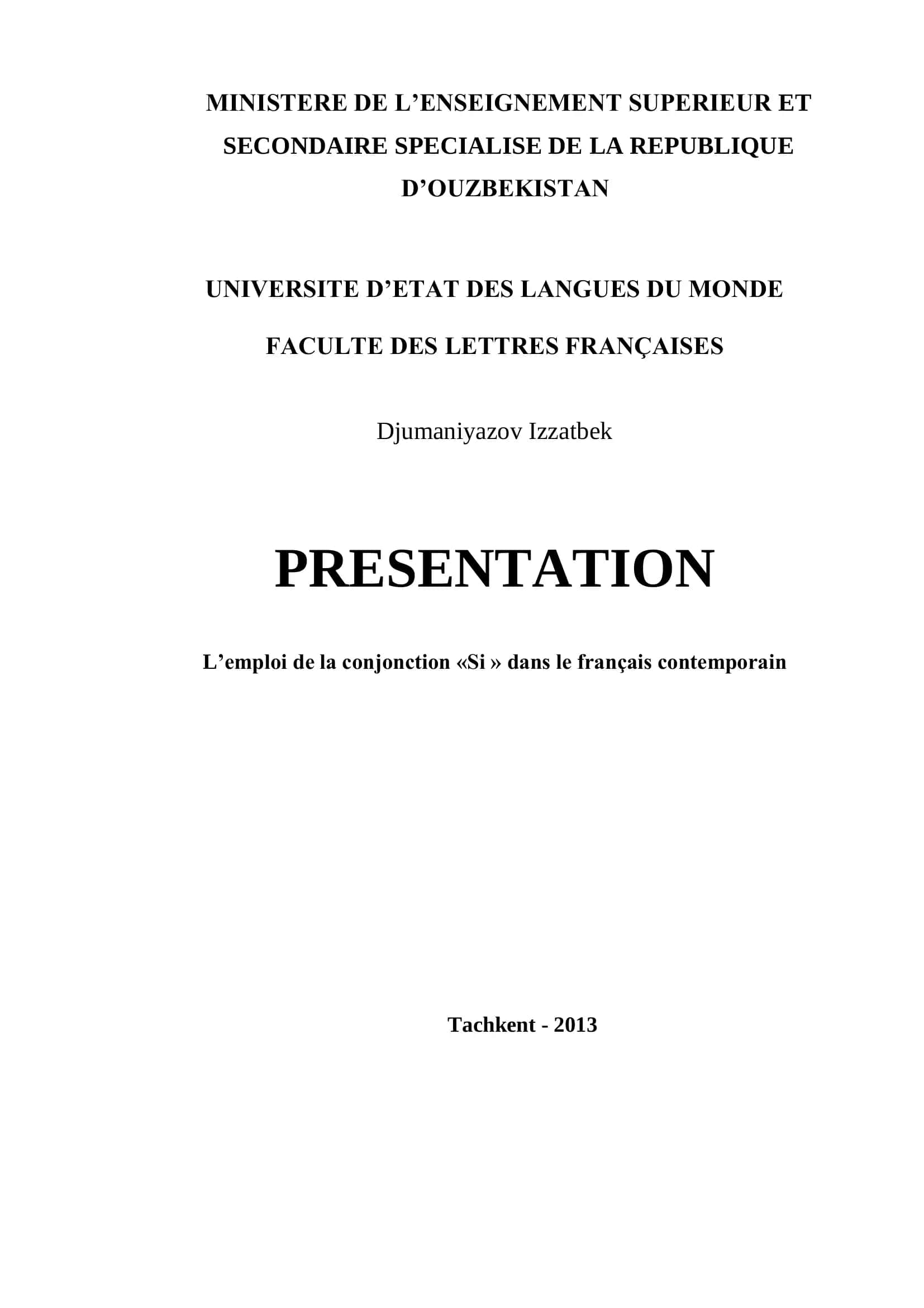 EMPLOI DE LA CONJONCTION SI DANS LES PROPOSITIONS FRANÇAISES 1