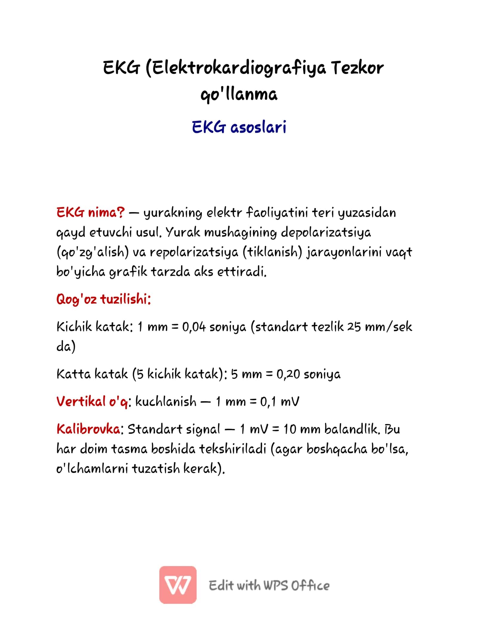 EKG (Elektrokardiografiya) Cheat Sheet | O'zbekcha Tibbiy Qo'llanma | ECG Quick Reference PDF | Medi 1