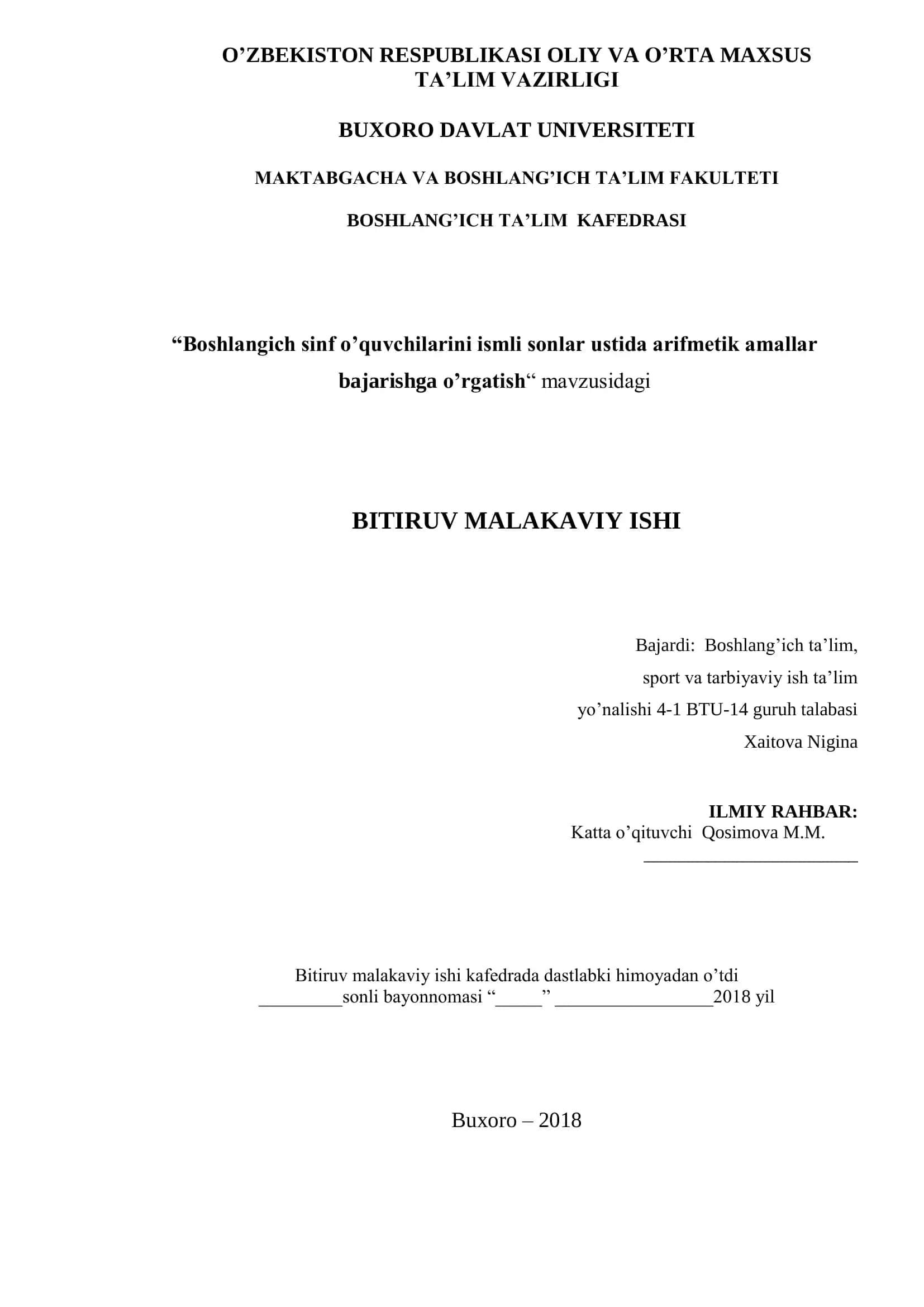 Boshlangich sinf o’quvchilarini ismli sonlar ustida arifmetik amallar bajarishga o’rgatish 1