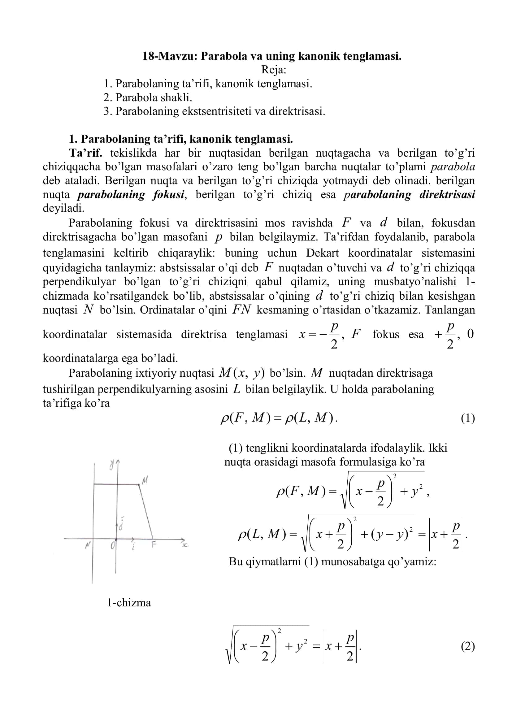 Parabola va uning kanonik tenglamasi 1