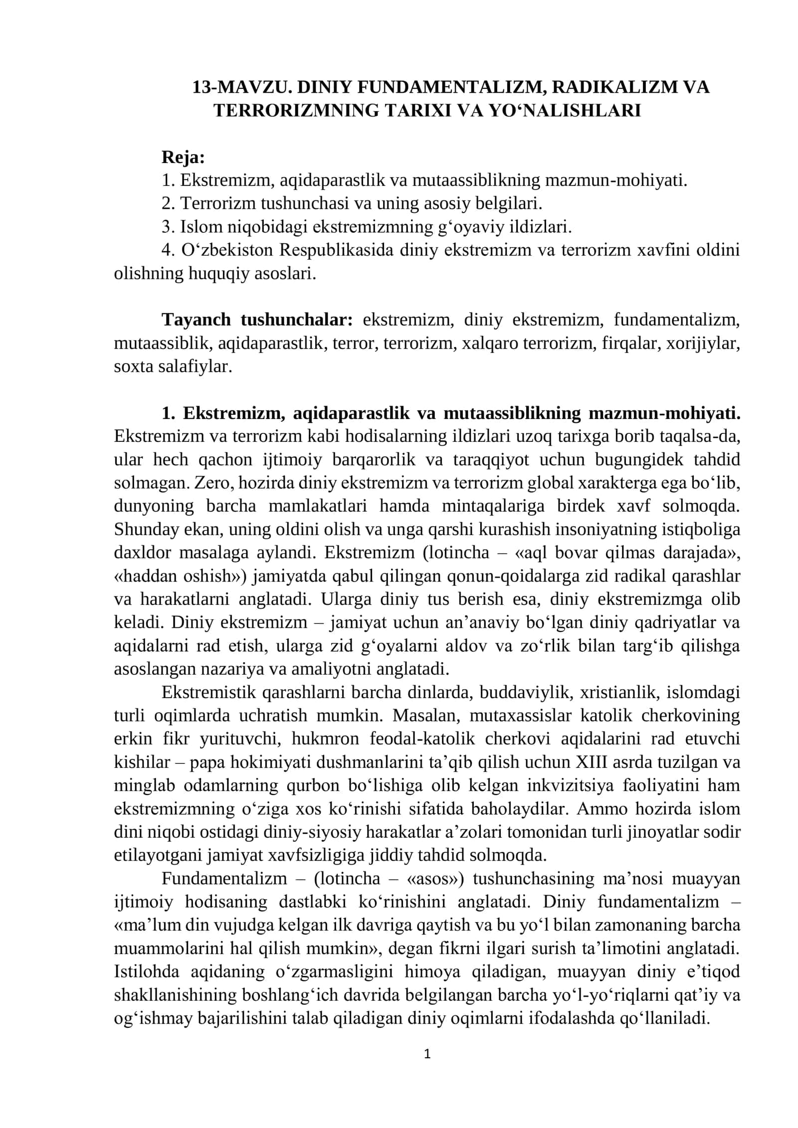 DINIY FUNDAMENTALIZM, RADIKALIZM VA TERRORIZMNING TARIXI VA YO‘NALISHLARI 1