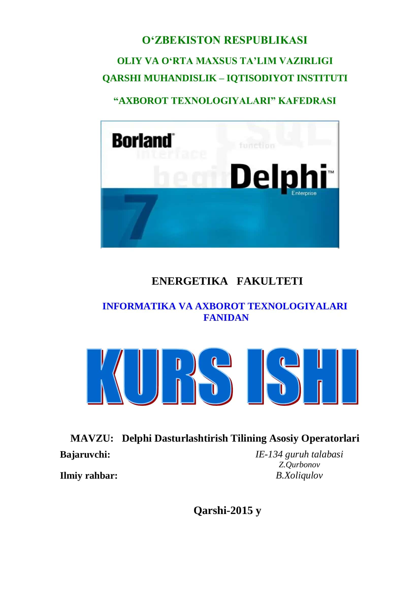 Delphi Dasturlashtirish Tilining Asosiy Operatorlari 1