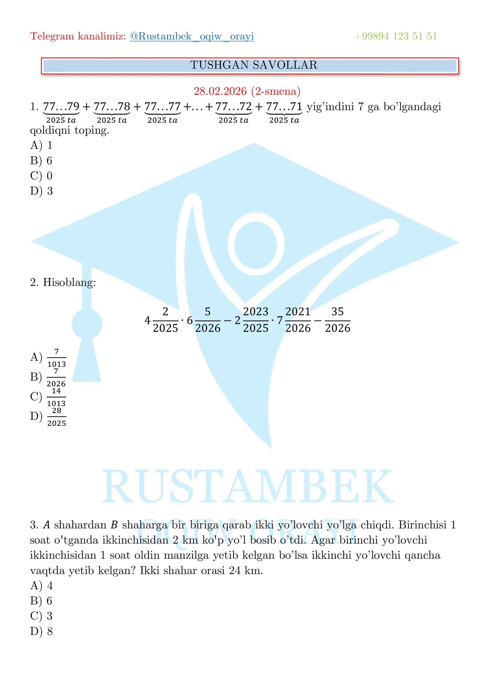 Matematika milliy sertifikat 2026 savollari 1