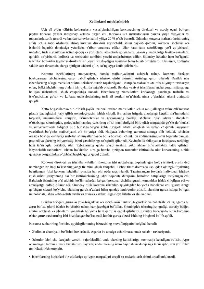 Shirin kolbasalari korxonasining ishlab chiqarish bo'yicha