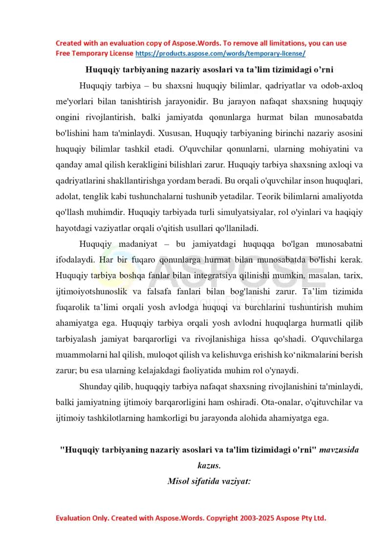 Huquq Kazus: Huquqiy tarbiyaning nazariy asoslari va ta’lim tizimidagi o’rni 1
