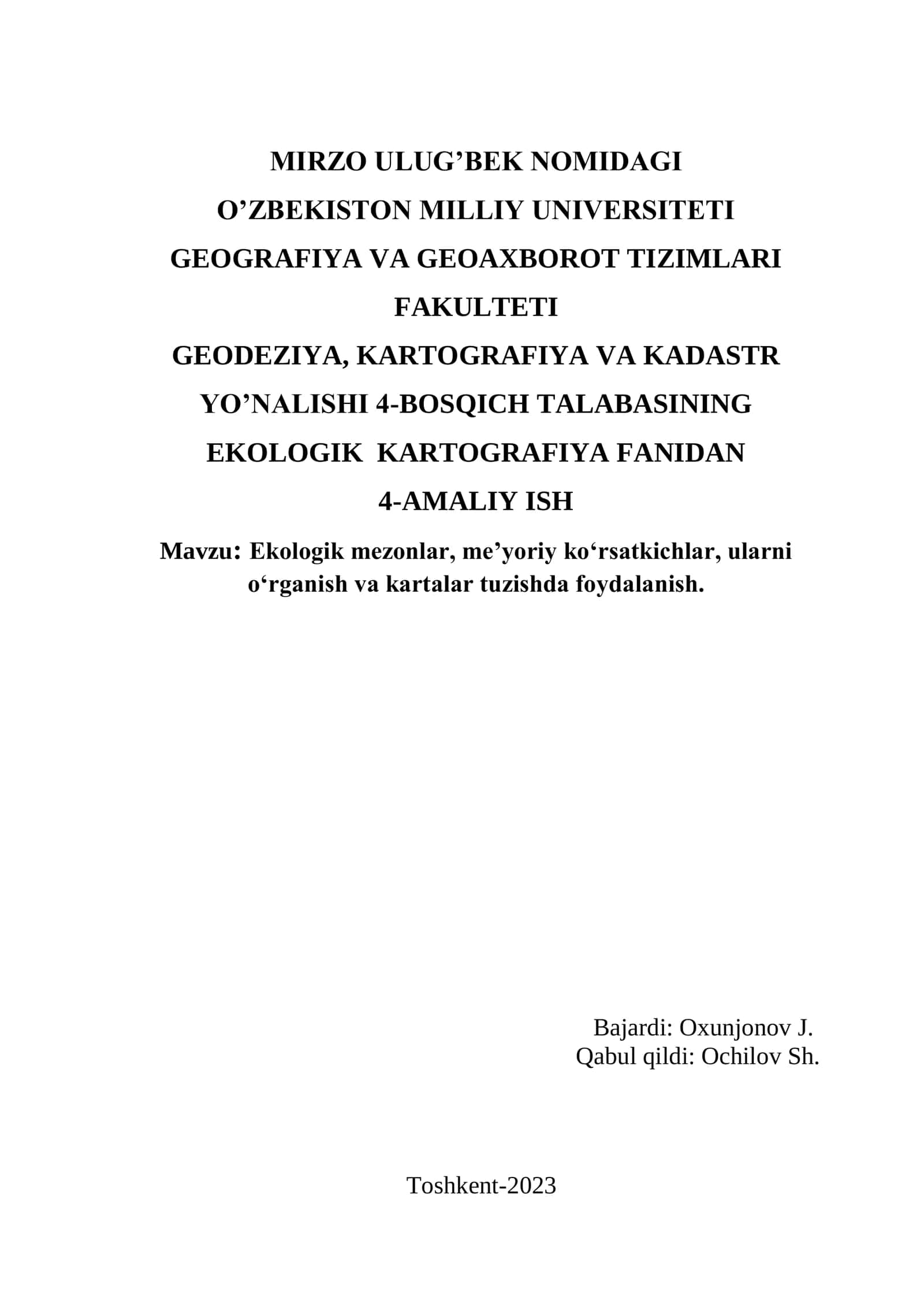 Ekologik mezonlar, meʼyoriy koʻrsatkichlar, ularni oʻrganish va kartalar tuzishda foydalanish 1