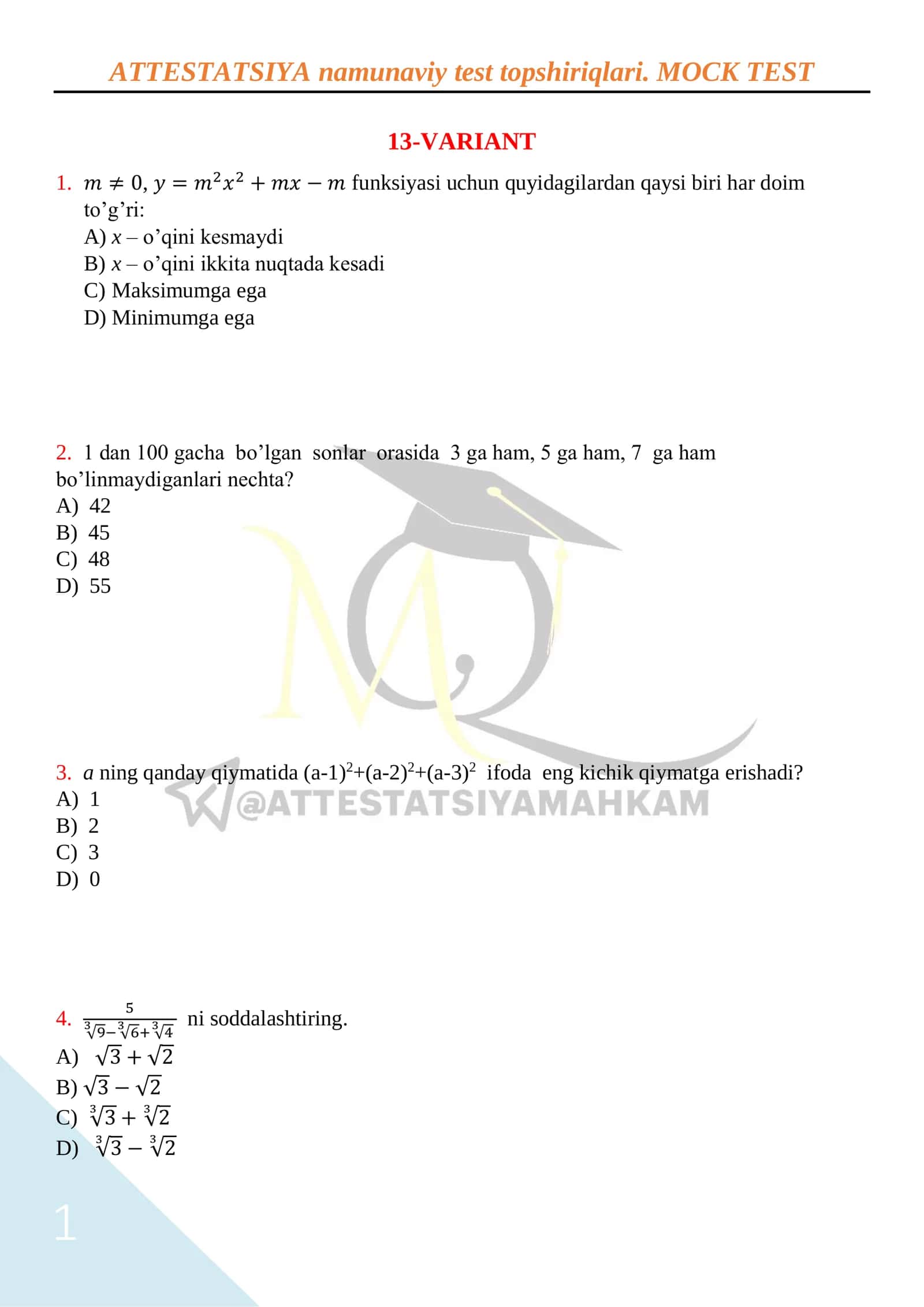 ATTESTATSIYA namunaviy test topshiriqlari. MOCK TEST 1