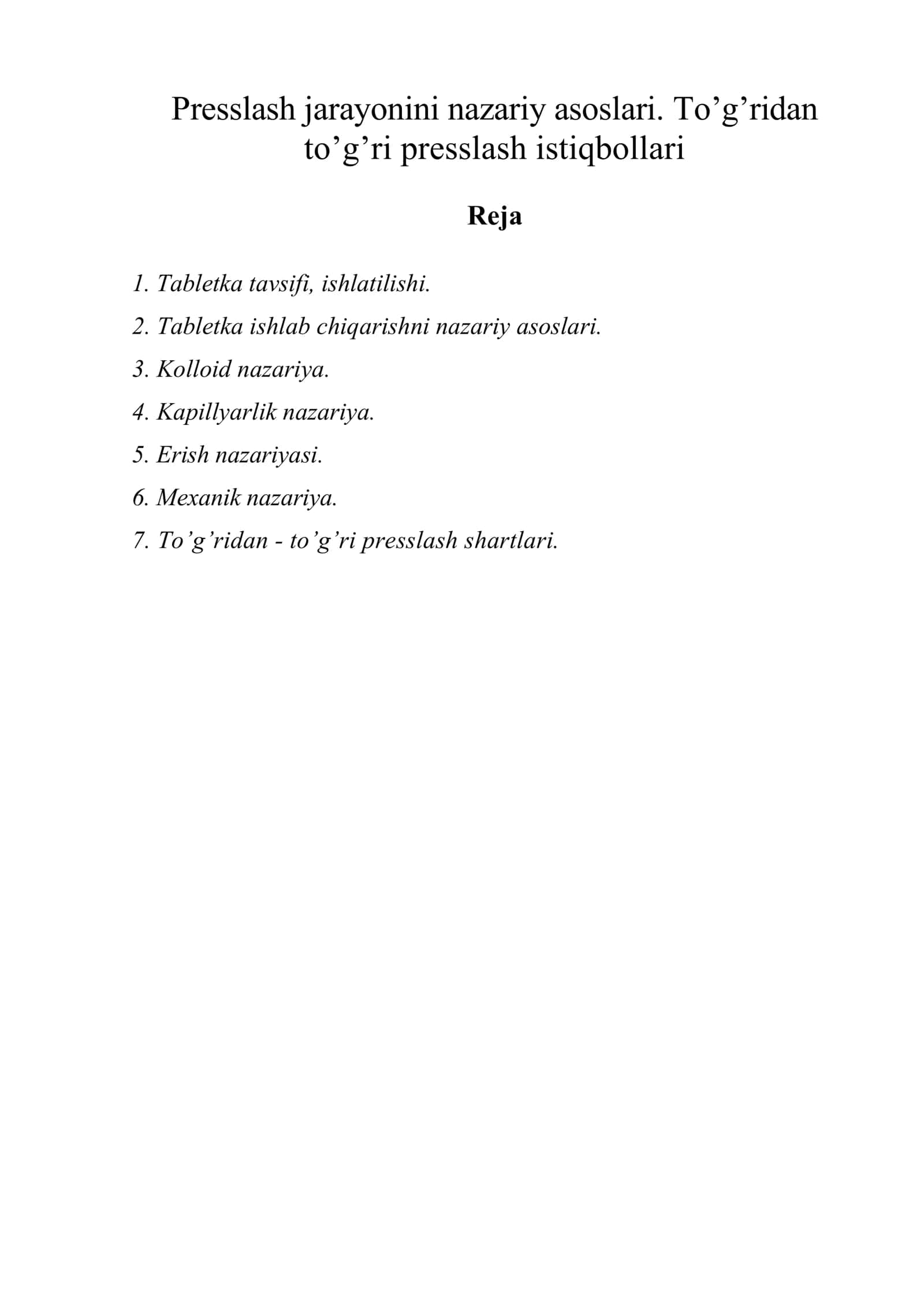 Presslash jarayonini nazariy asoslari. To’g’ridan to’g’ri presslash istiqbollari 1