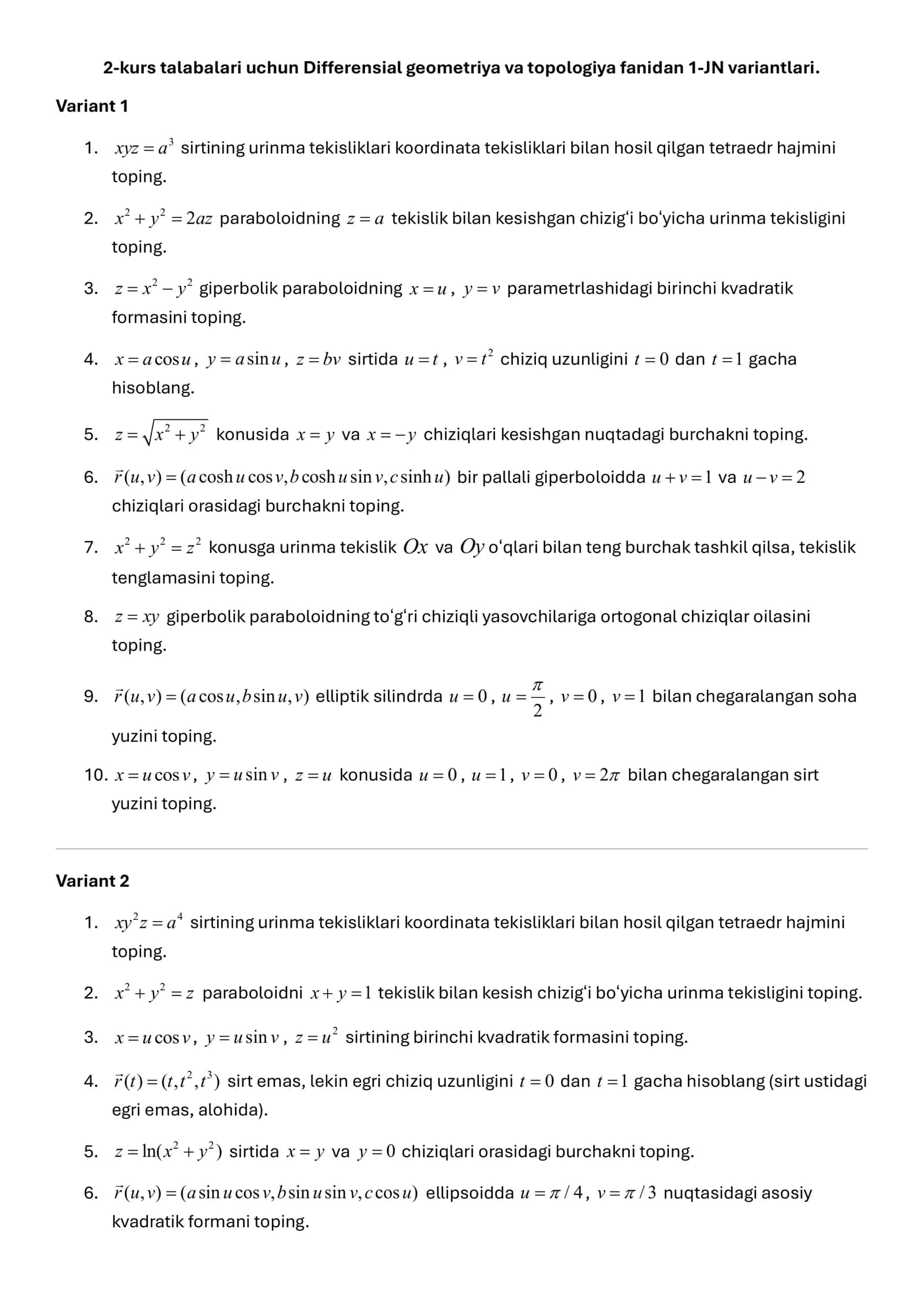 Differensial tenglama va topologiyadan 30 talik variant 1