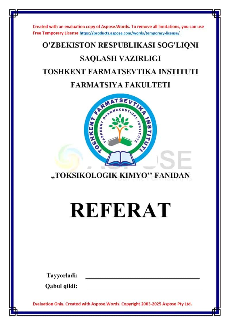 12. Zaharli moddalarning toksikokinetika va toksikodinamikasi. Referat 9 bet. 1