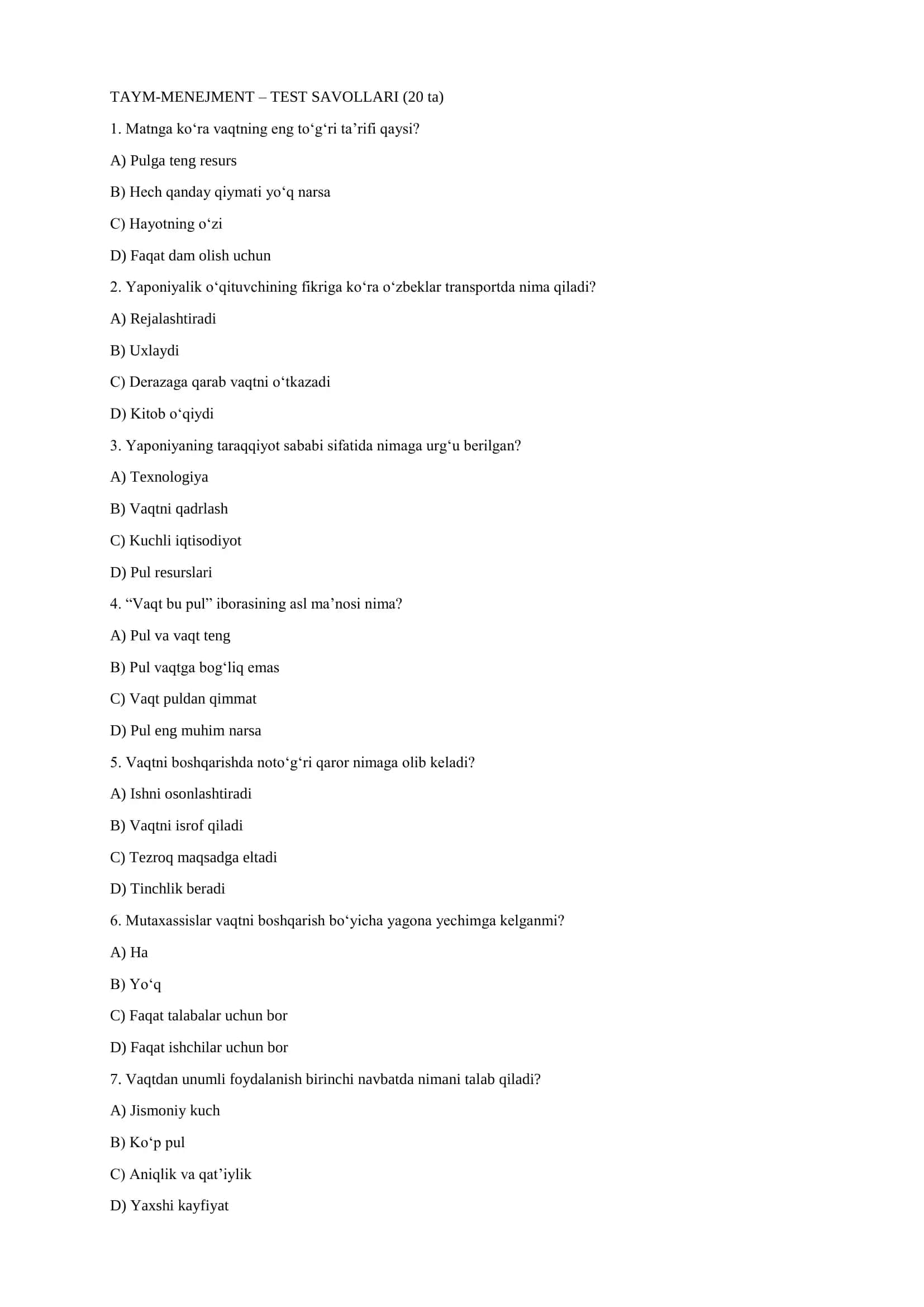 TAYM-MENEJMENT – TEST SAVOLLARI (20 ta) 1