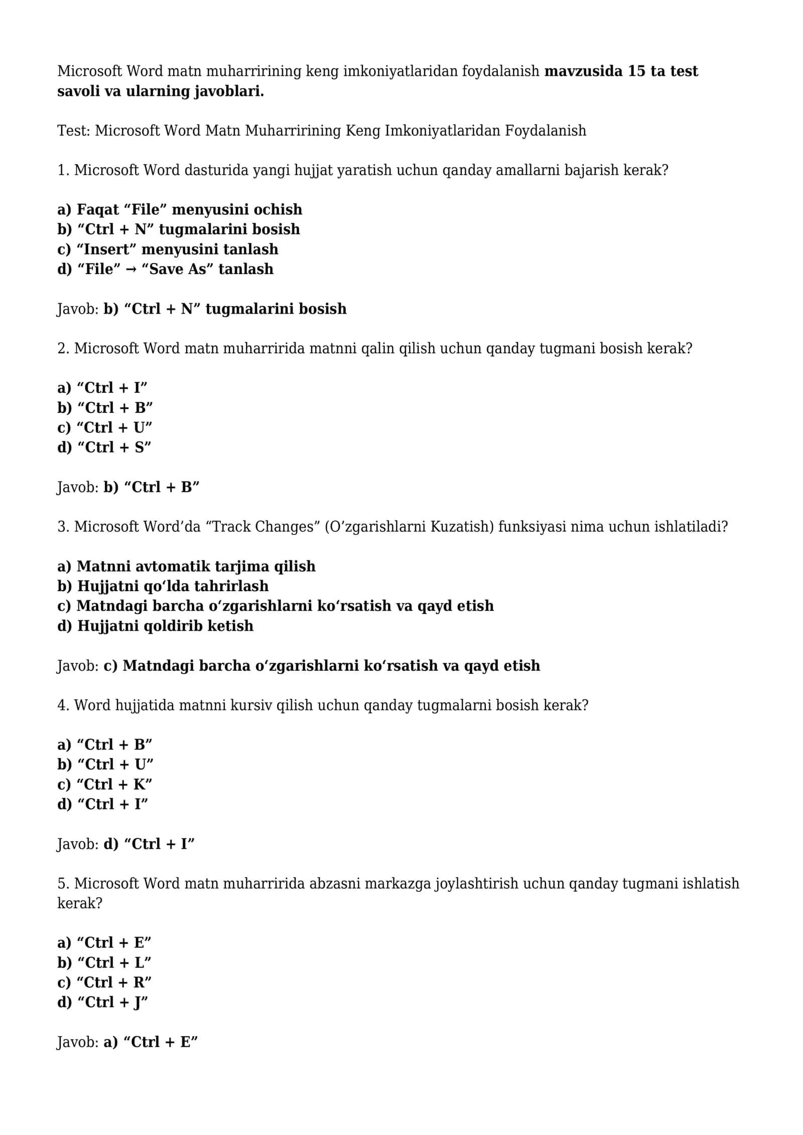 Microsoft Word matn muharririning keng imkoniyatlaridan foydalanish 1