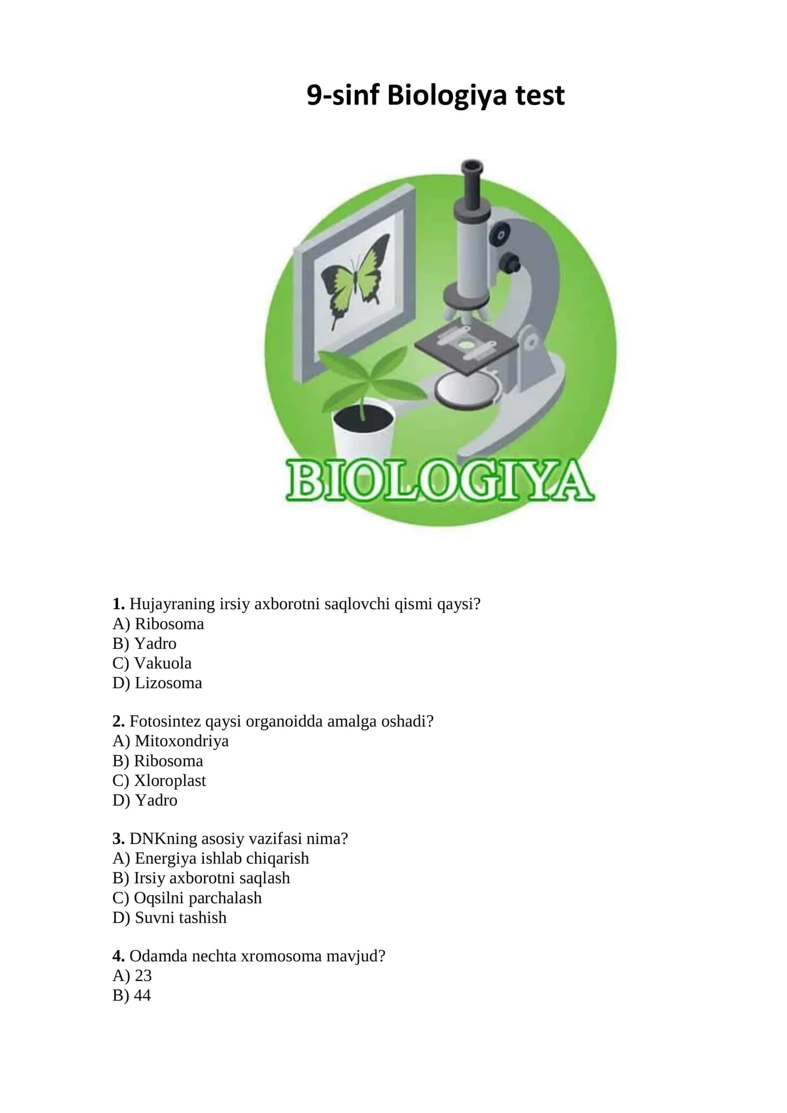 9-sinf Biologiya testi 1
