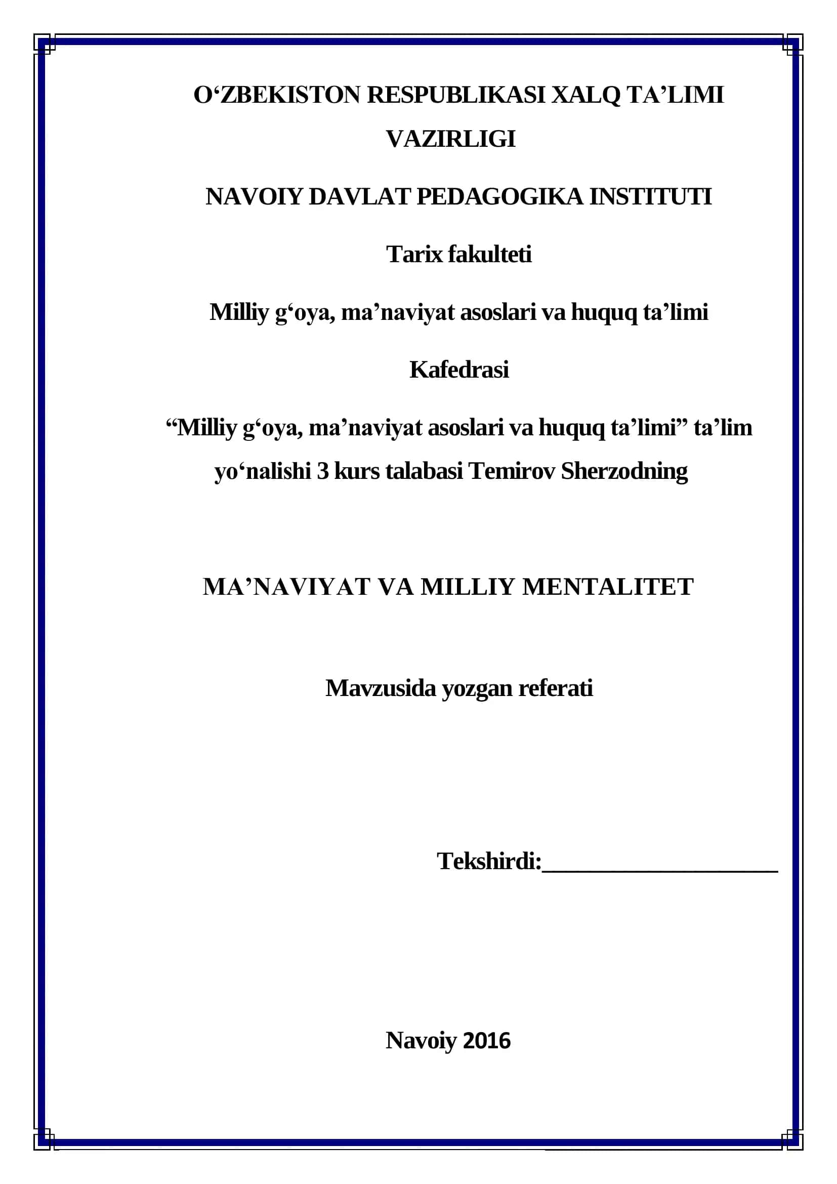 MA’NAVIYAT VA MILLIY MENTALITET referati 1