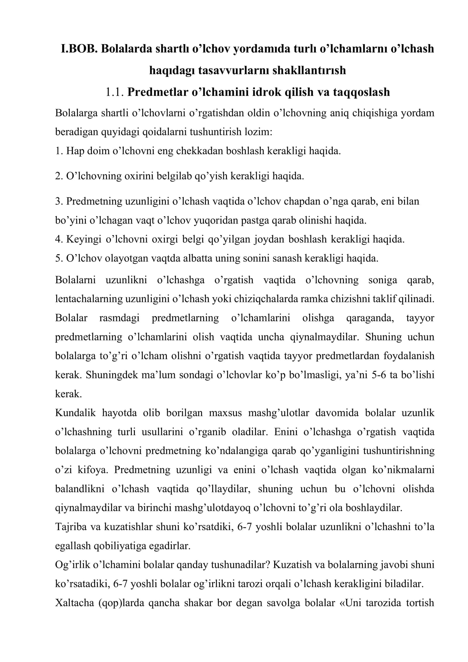 Bolalarda shartlı o’lchov yordamıda turlı o’lchamlarnı o’lchash haqıdagı tasavvurlarnı shakllantırısh 1
