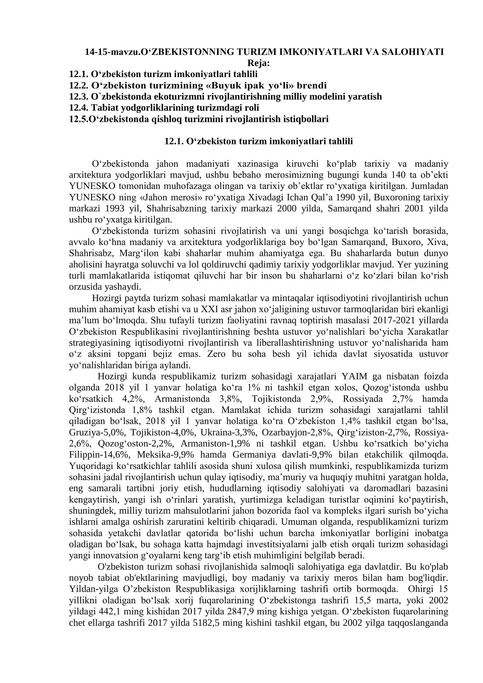 O„ZBEKISTONNING TURIZM IMKONIYATLARI VA SALOHIYATI 1