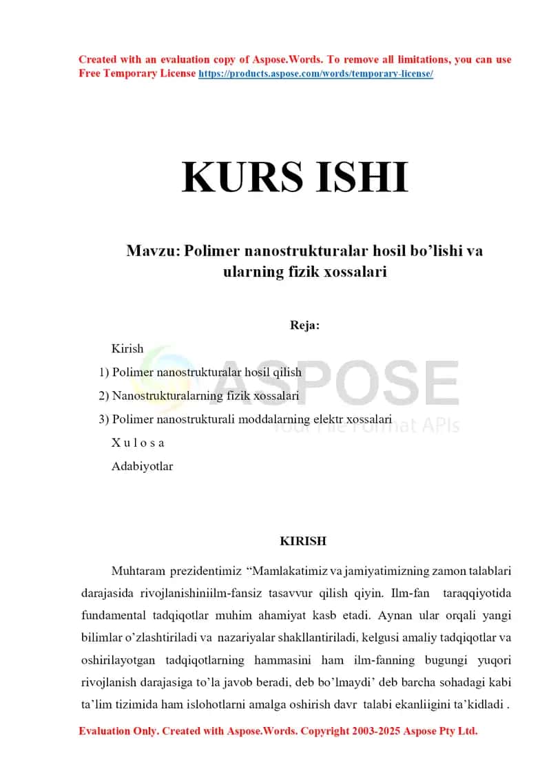 Kurs ishi – “Polimer nanostrukturalar hosil bo’lishi va ularning fizik xossalari” 1