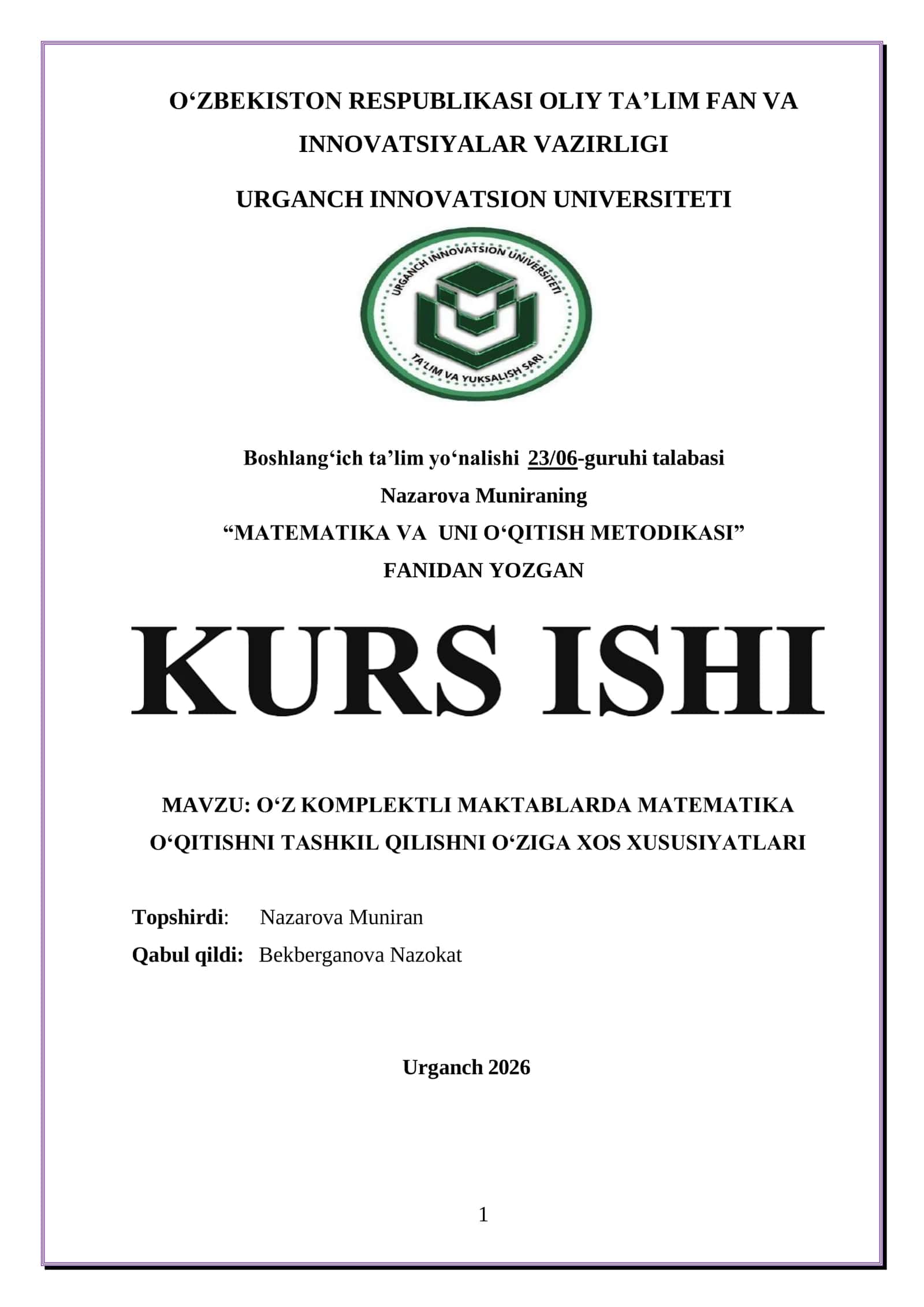 OʻZ KOMPLEKTLI MAKTABLARDA MATEMATIKA OʻQITISHNI TASHKIL QILISHNI OʻZIGA XOS XUSUSIYATLARI 1