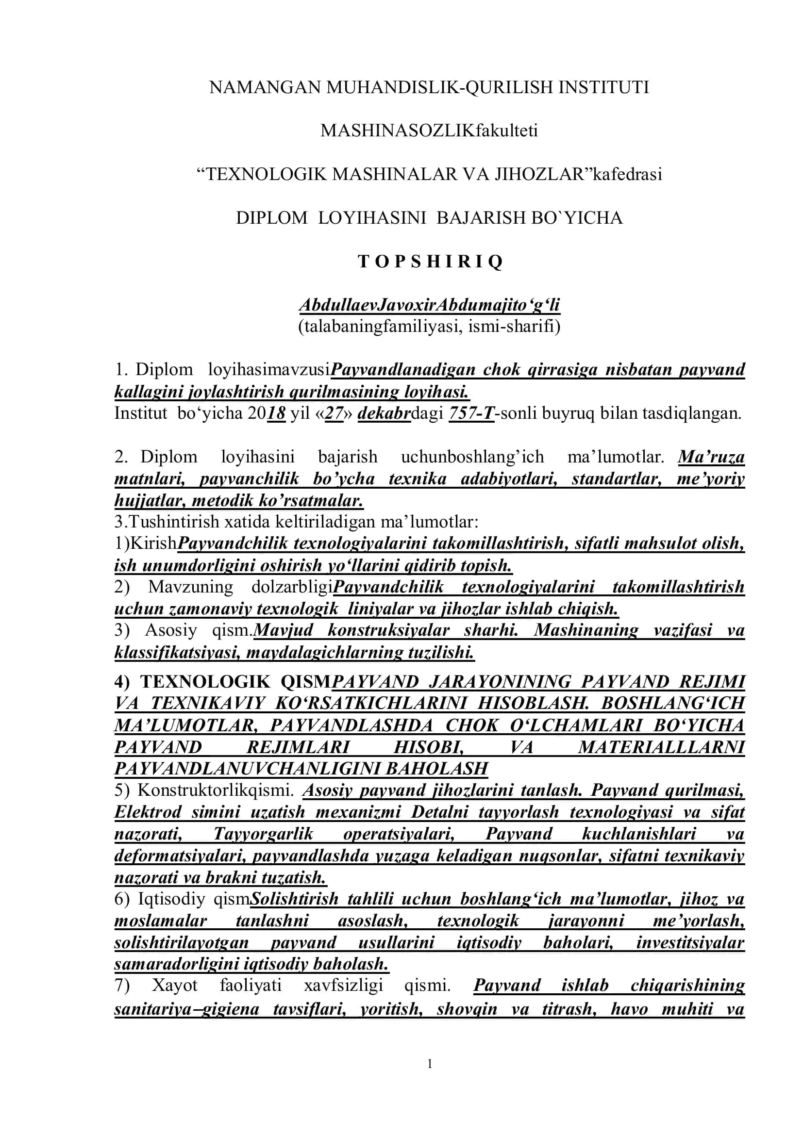 Diplom loyihasi bajarish bo'yicha topshiriq 1