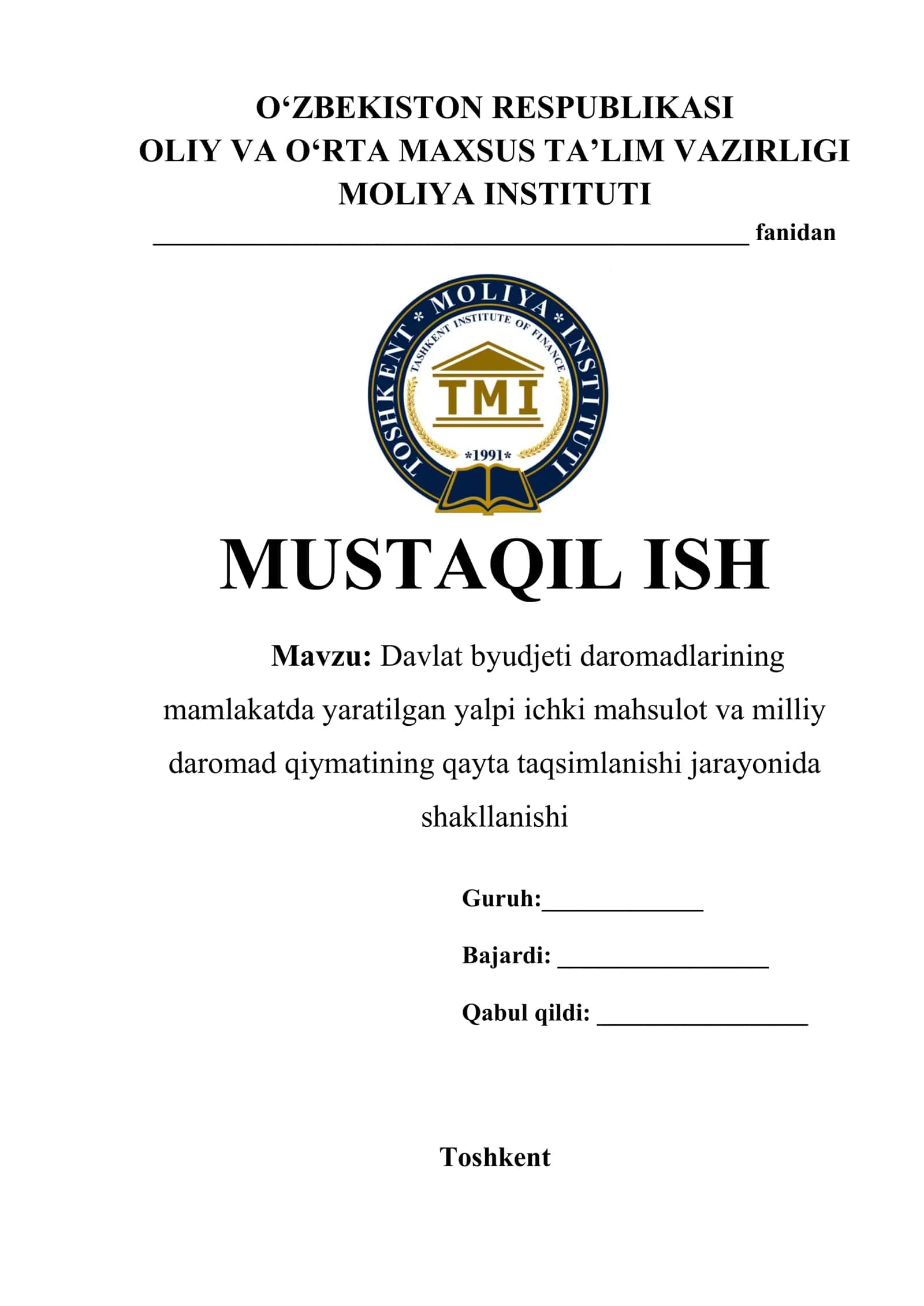 Davlat byudjeti daromadlarining mamlakatda yaratilgan yalpi ichki mahsulot va milliy daromad qiymatining qayta taqsimlanishi jarayonida shakllanishi 1