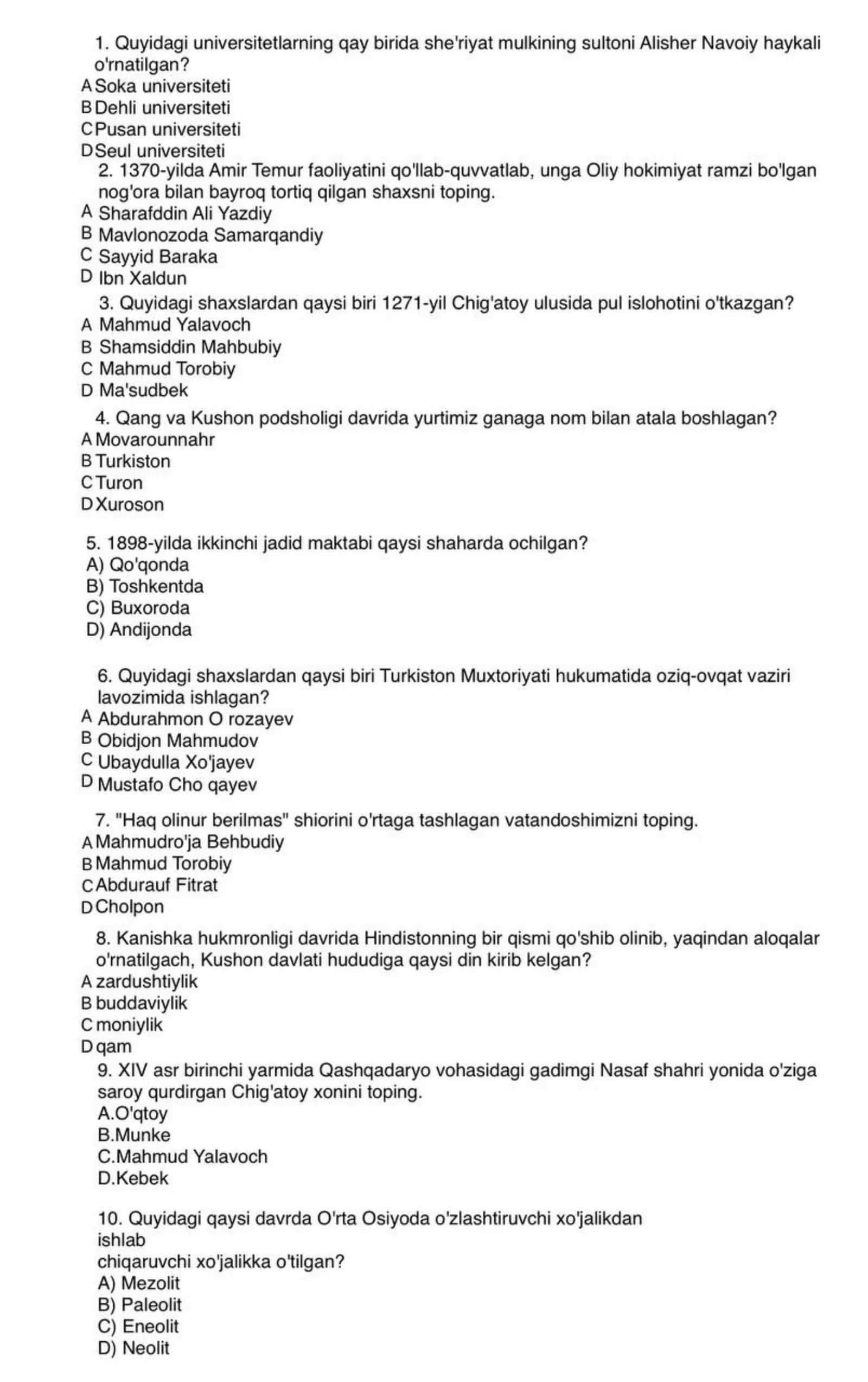 Tarix majburiy blok namunaviy savollar 1