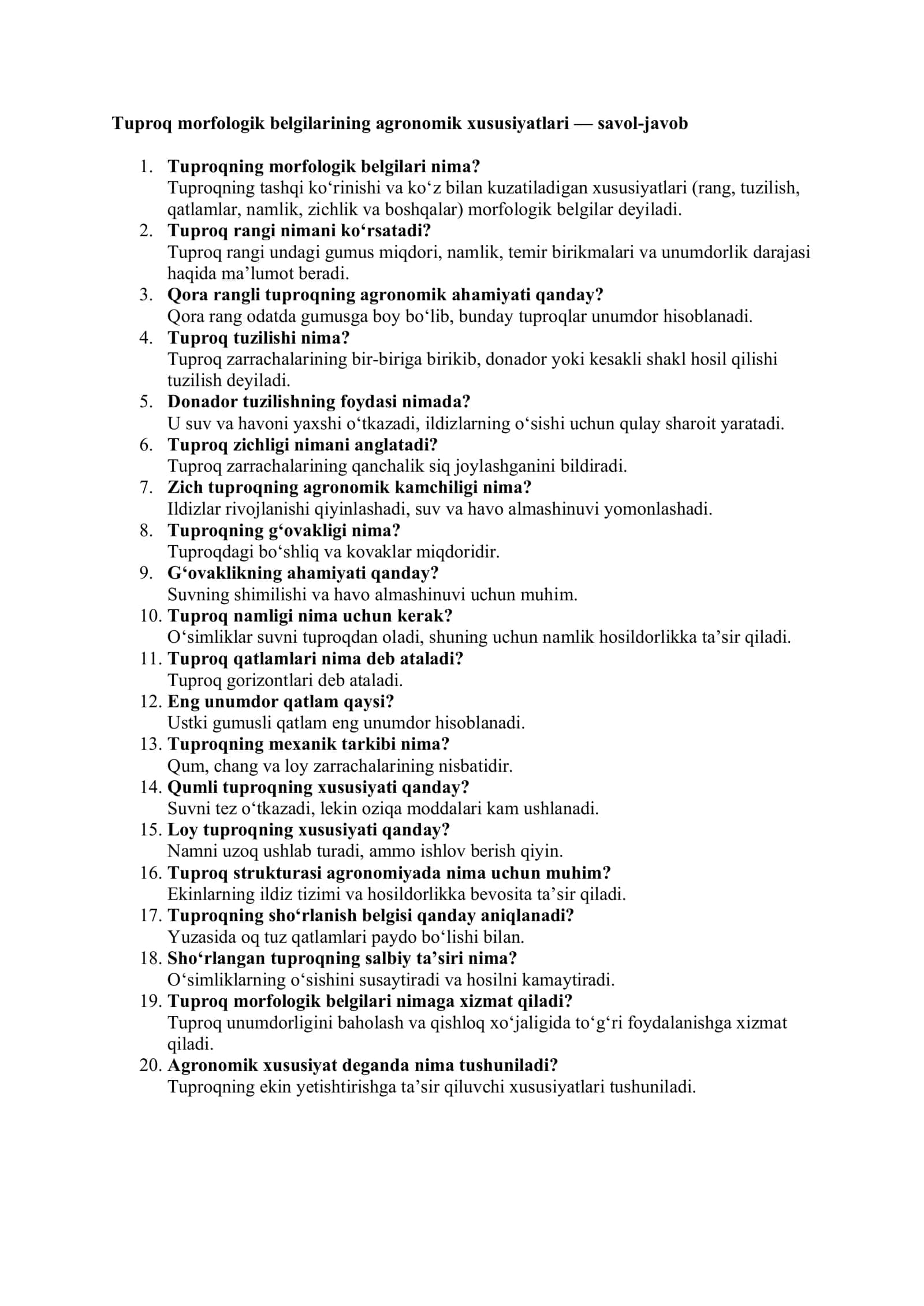 Tuproq morfologik belgilarining agronomik xususiyatlari — savol-javob 1